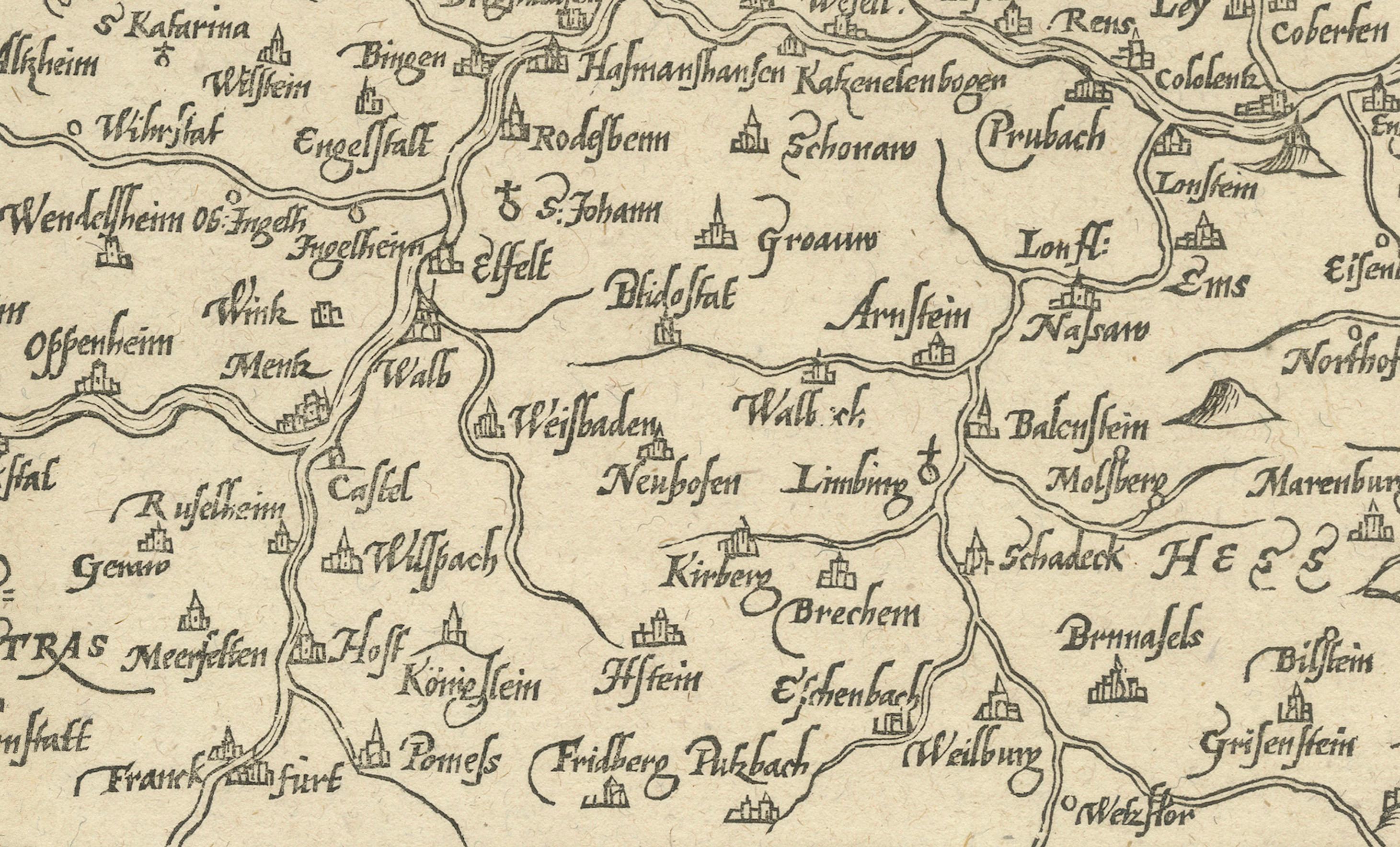 Engraved Woodcut Map of the Rhine River Region Covering the Palatinate, Austria and Elsa For Sale