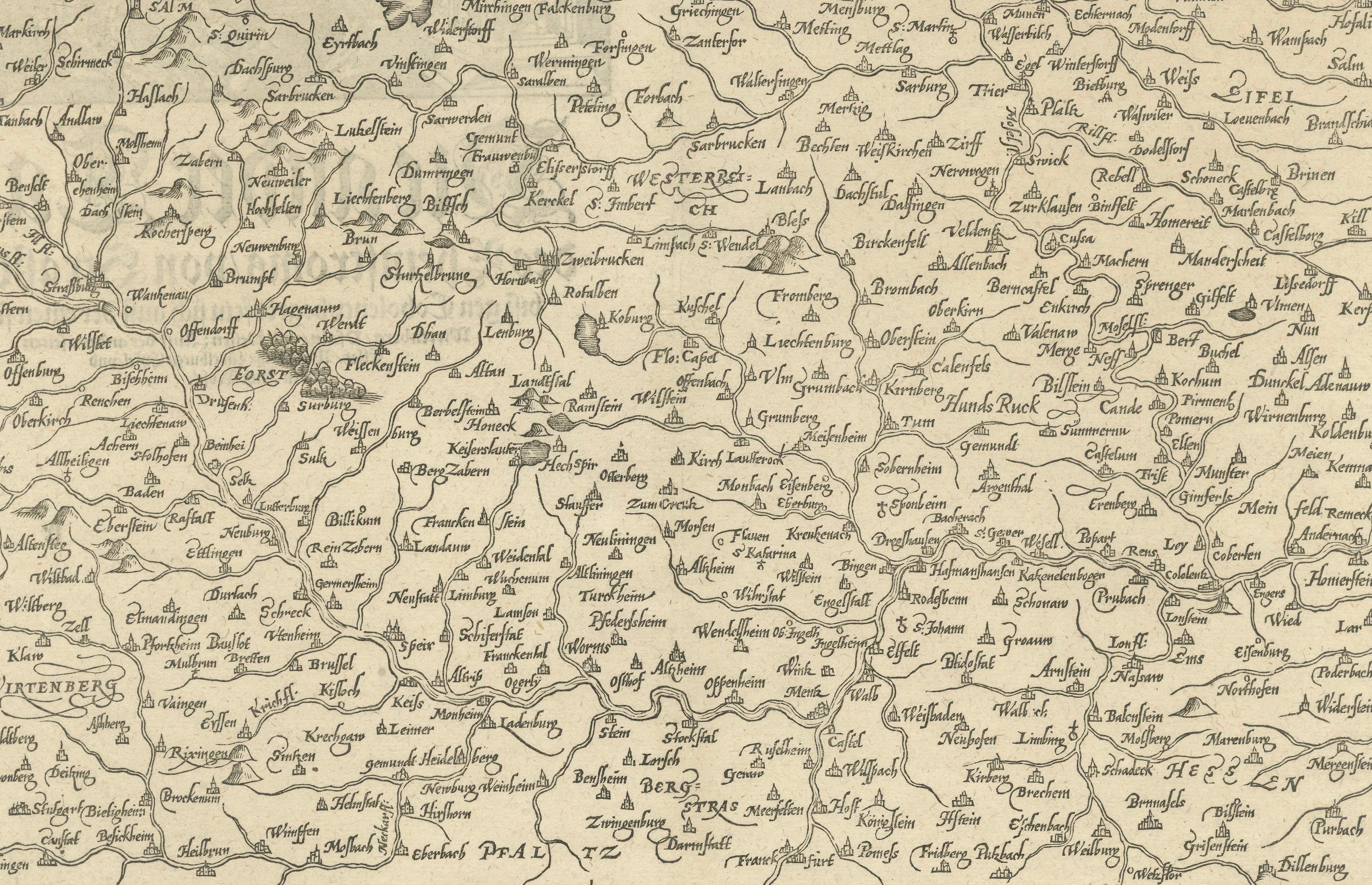 Woodcut Map of the Rhine River Region Covering the Palatinate, Austria and Elsa In Good Condition For Sale In Langweer, NL