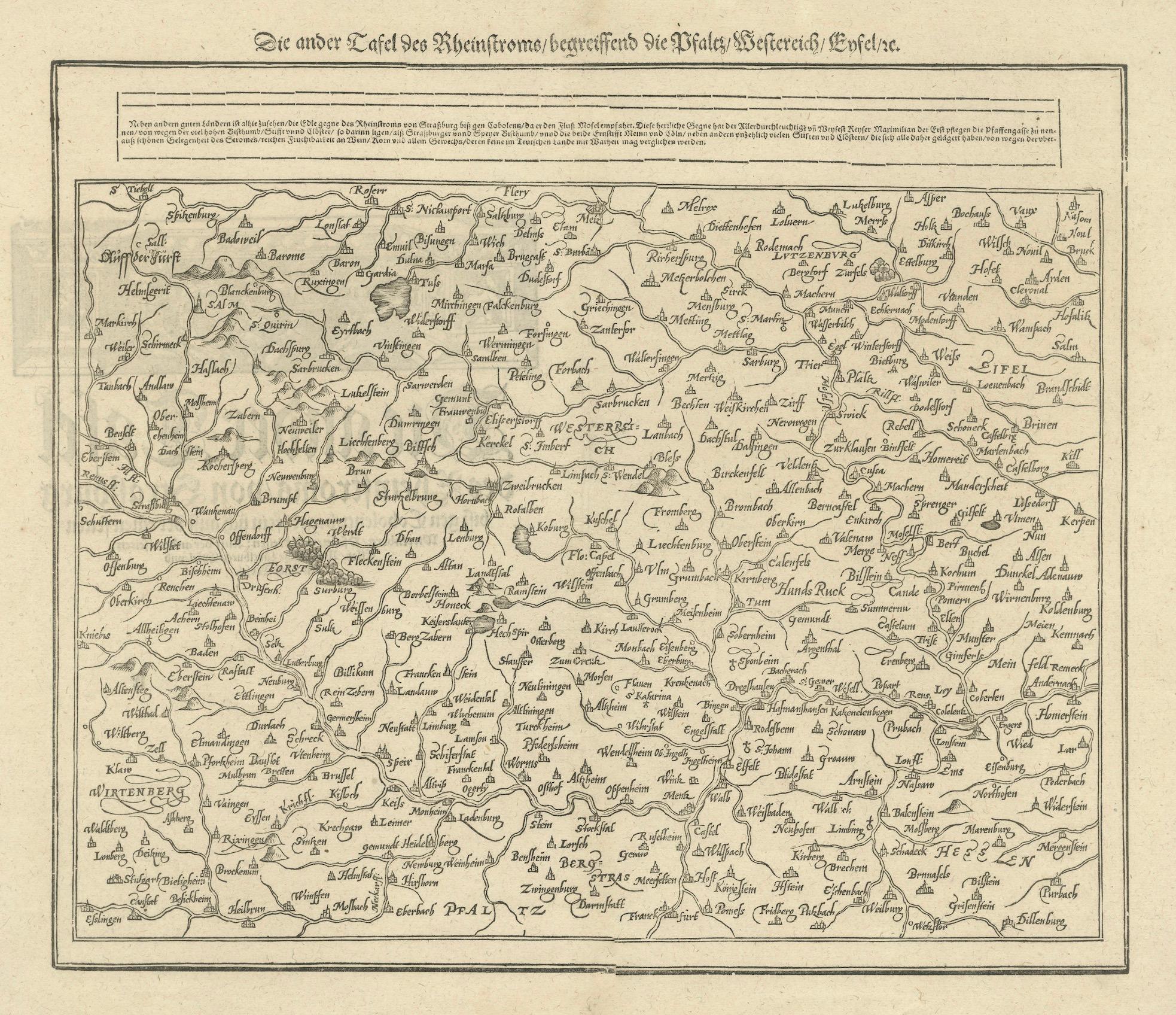Early 17th Century Woodcut Map of the Rhine River Region Covering the Palatinate, Austria and Elsa For Sale