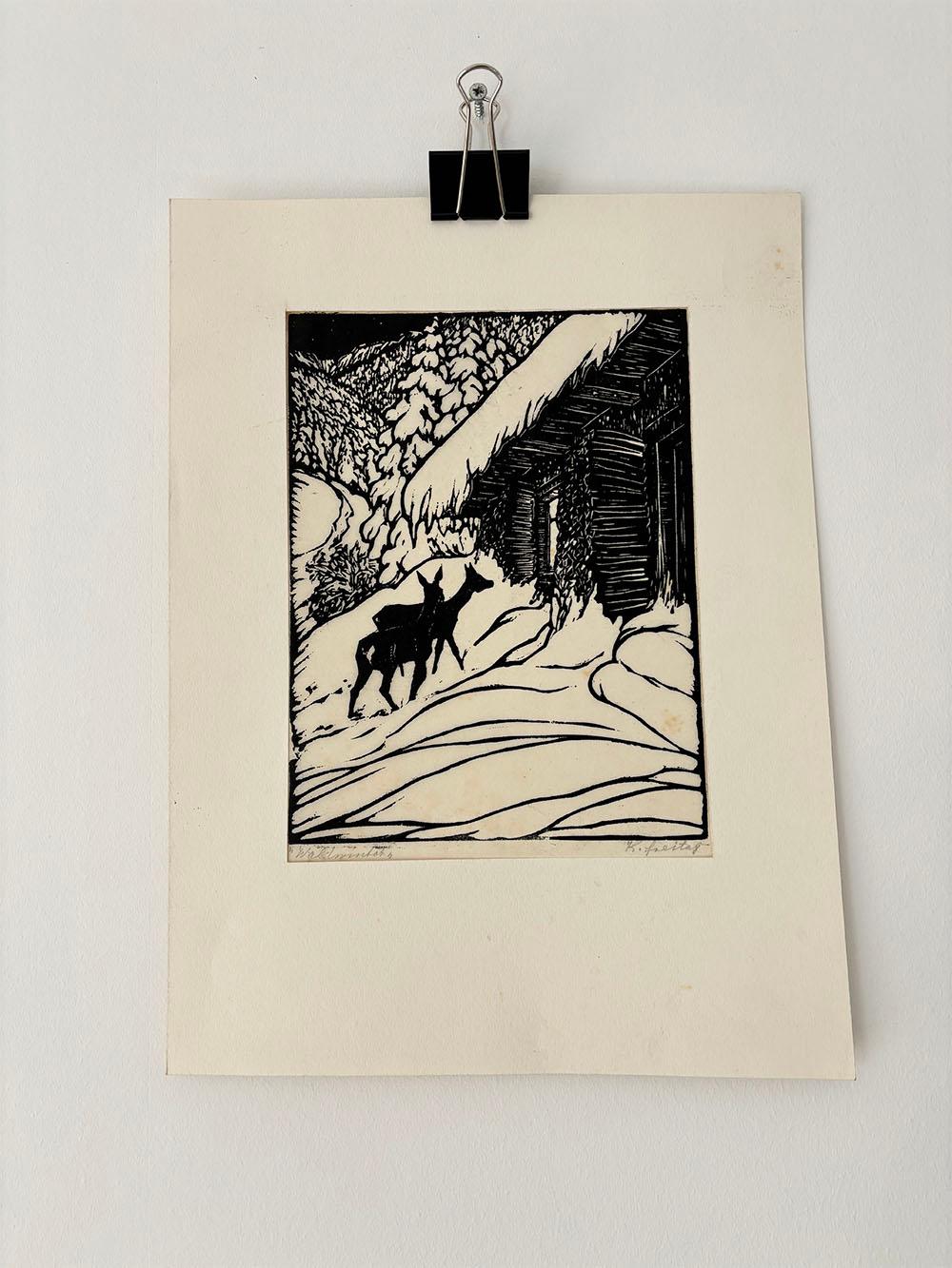 Holzschnitt-Reliefdruck-Winter Schneehütte von K.Freitag (Deutsch) im Angebot