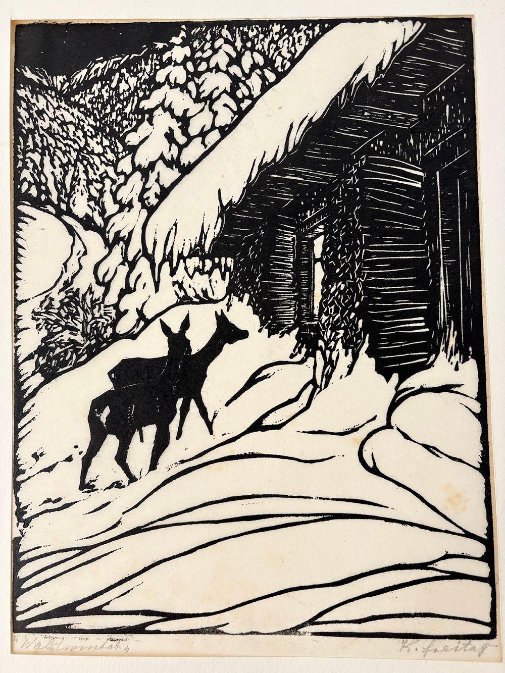 Holzschnitt-Reliefdruck-Winter Schneehütte von K.Freitag im Zustand „Gut“ im Angebot in Rümmingen, BW