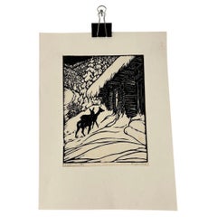 Woodcut relief printing Winter Snow Cabin by K.Freitag