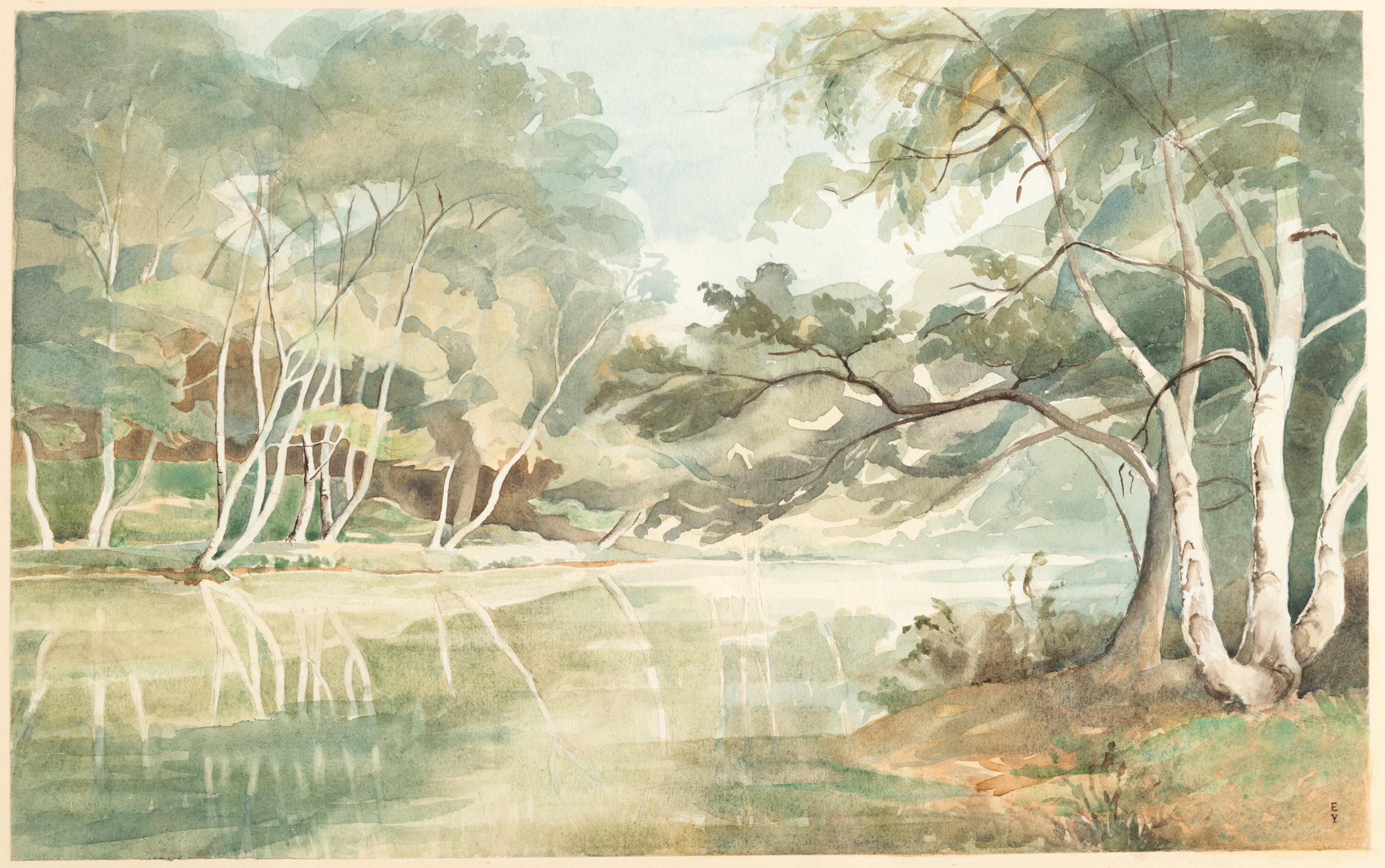 'Wooded Landscape' Watercolour by English Artist Eileen Young (1896-1986). 
Signed in initials 'EY' bottom right..

The painting depicts a wooded lake scene. Watercolour on paper, housed in a gallery frame.

Provenance: London Collection.

In