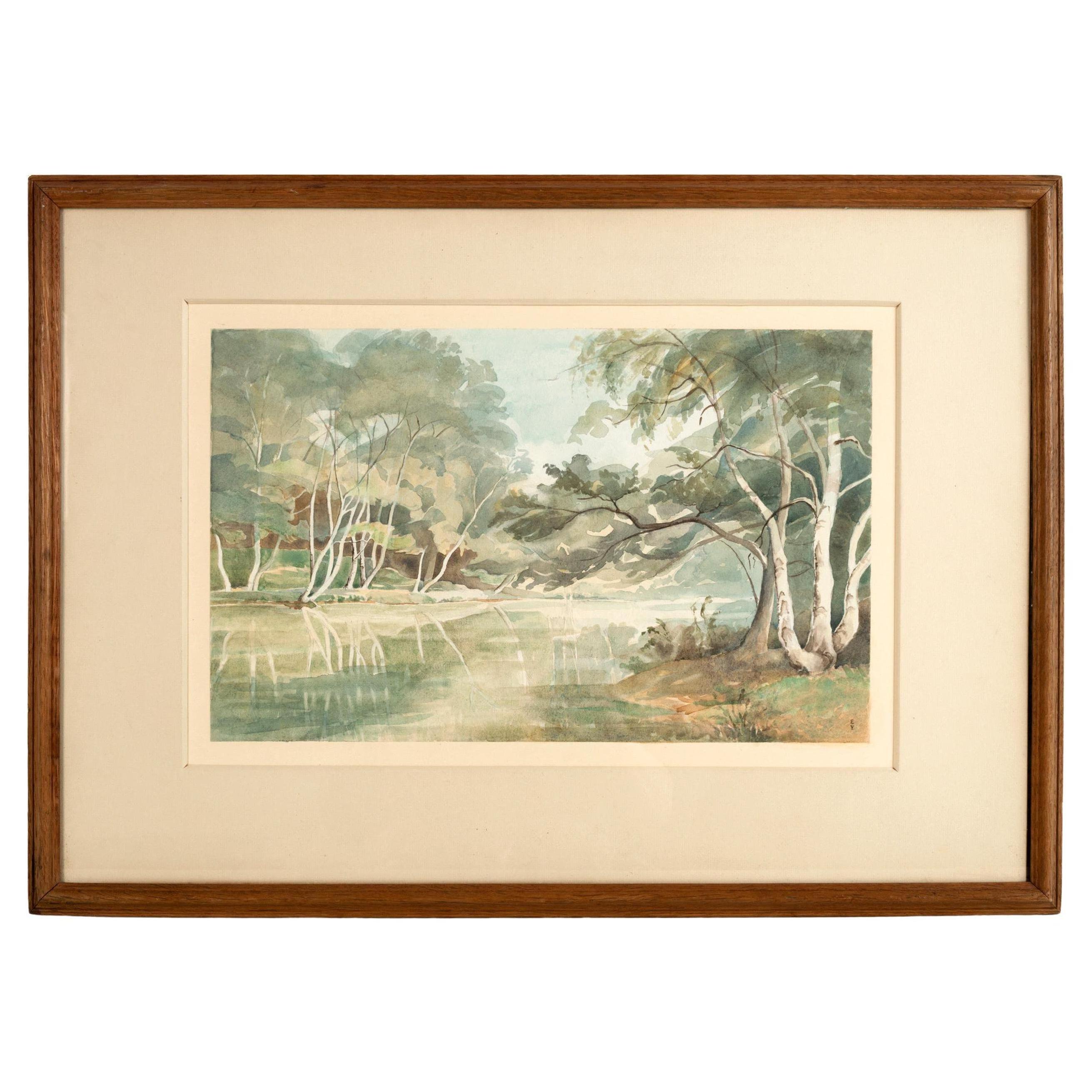 „Wooded Landscape“ Aquarell der englischen Künstlerin, signiert Eileen Young