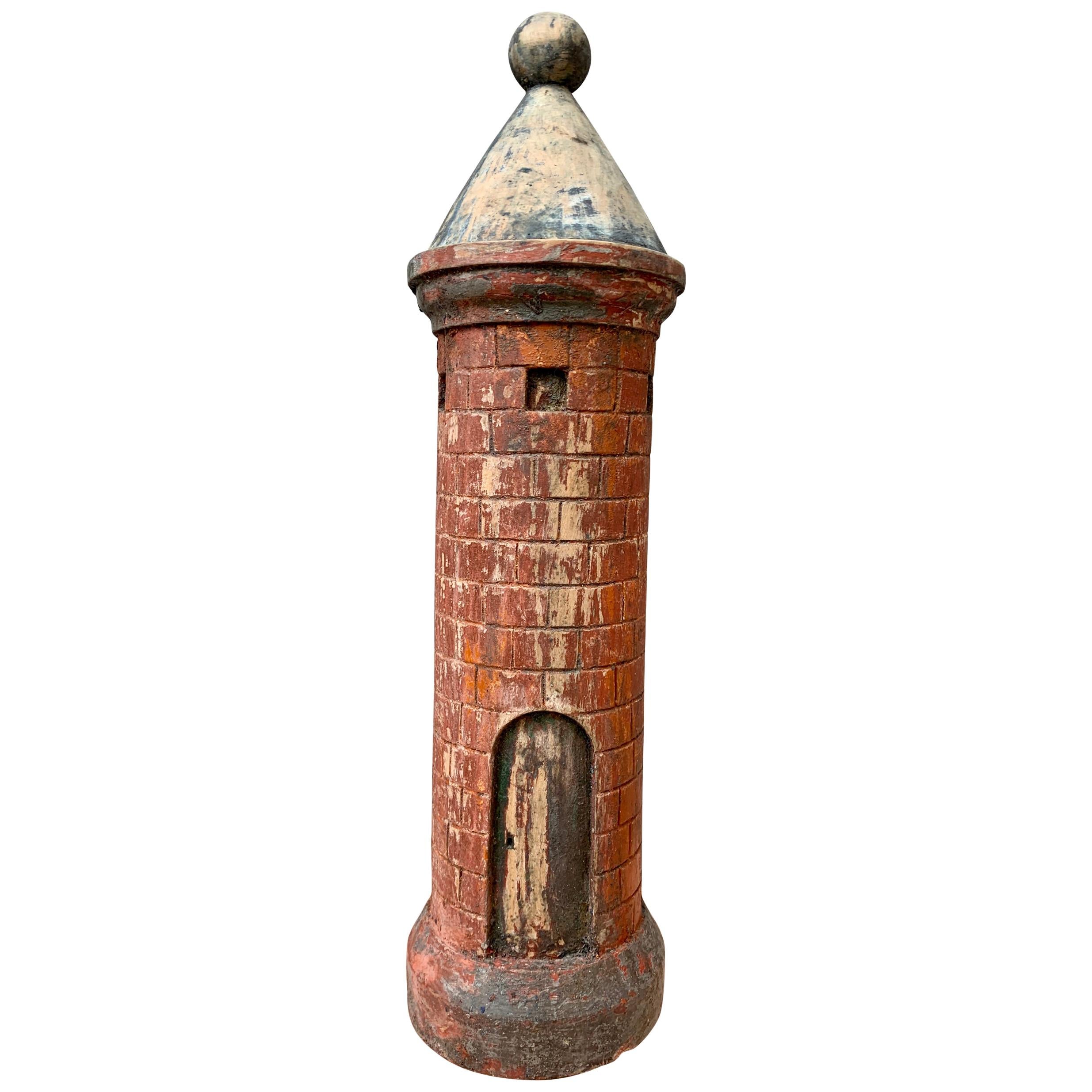 Holzskulptur eines mittelalterlichen Turms, polychrom, 19. Jahrhundert