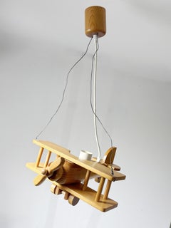 Wooden Airplane Pendant Light in Pine, France, 1970s
