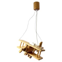 Wooden Airplane Pendant Light in Pine, France, 1970s