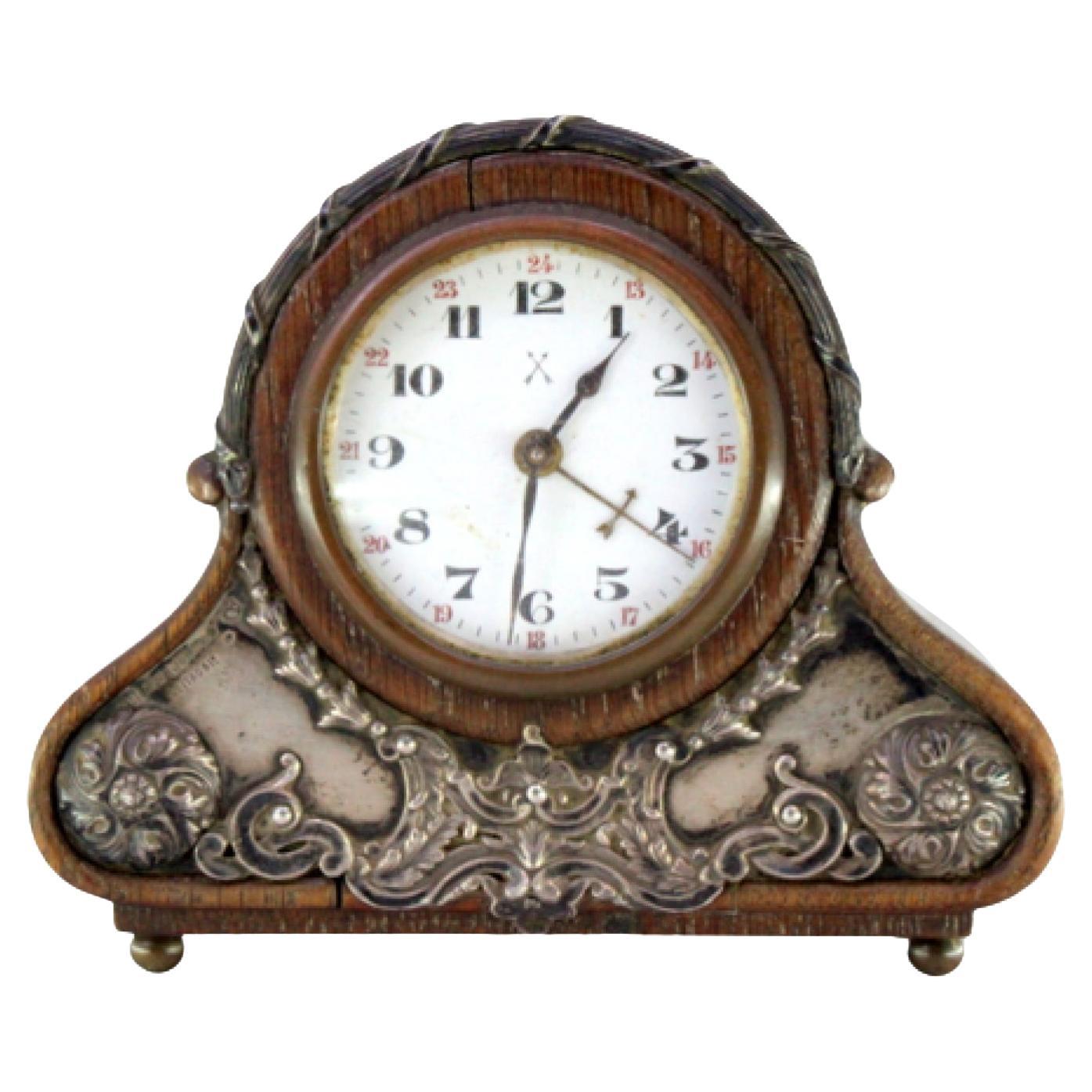Wooden alarm clock with silver applications For Sale