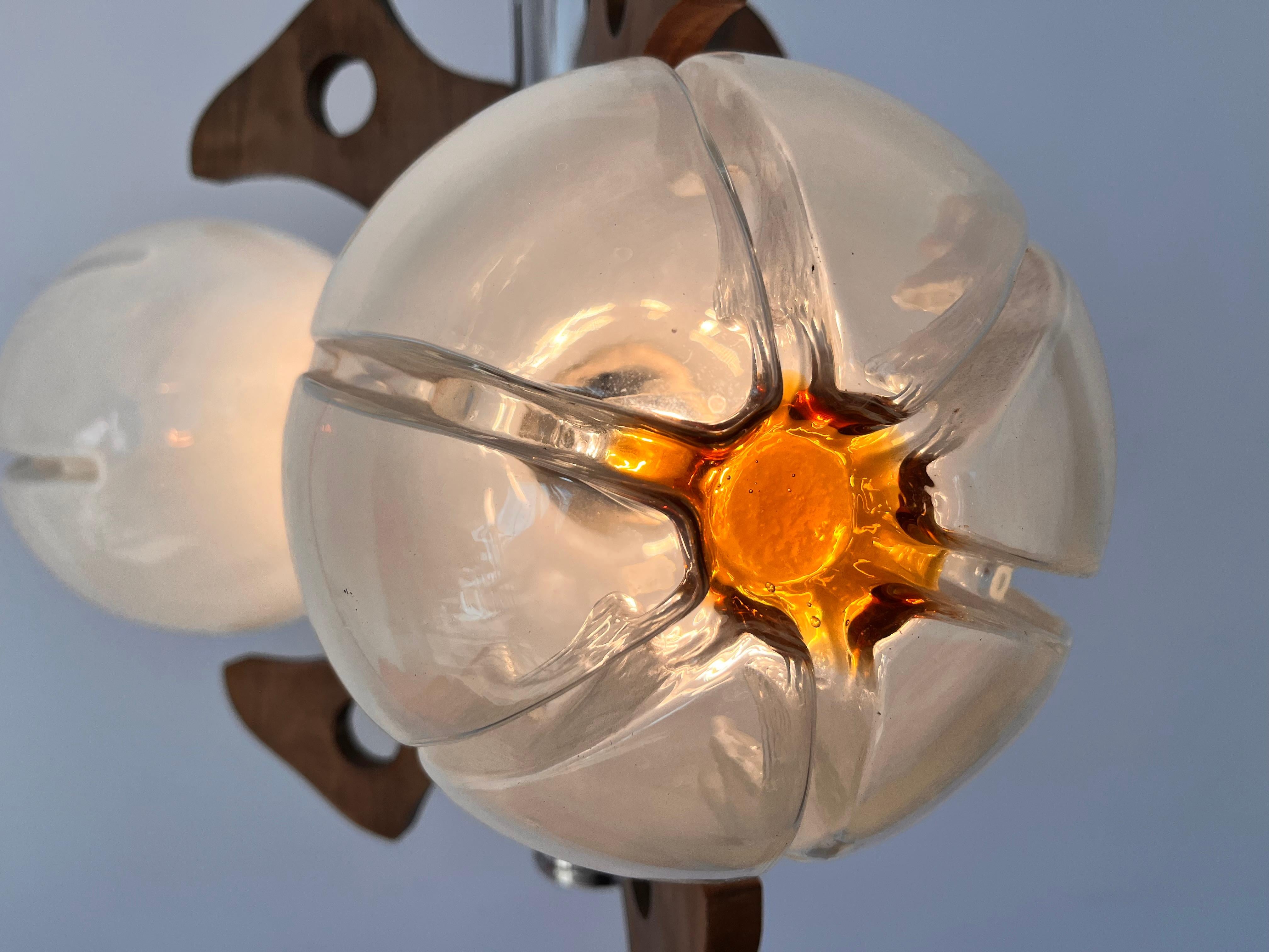 Mid-Century Modern Wooden and artglass Murano pendant / chandelier - Italy, 1970s For Sale