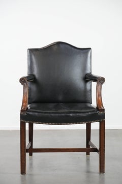 Wooden and black cow leather antique English Gainsborough side/desk/chair
