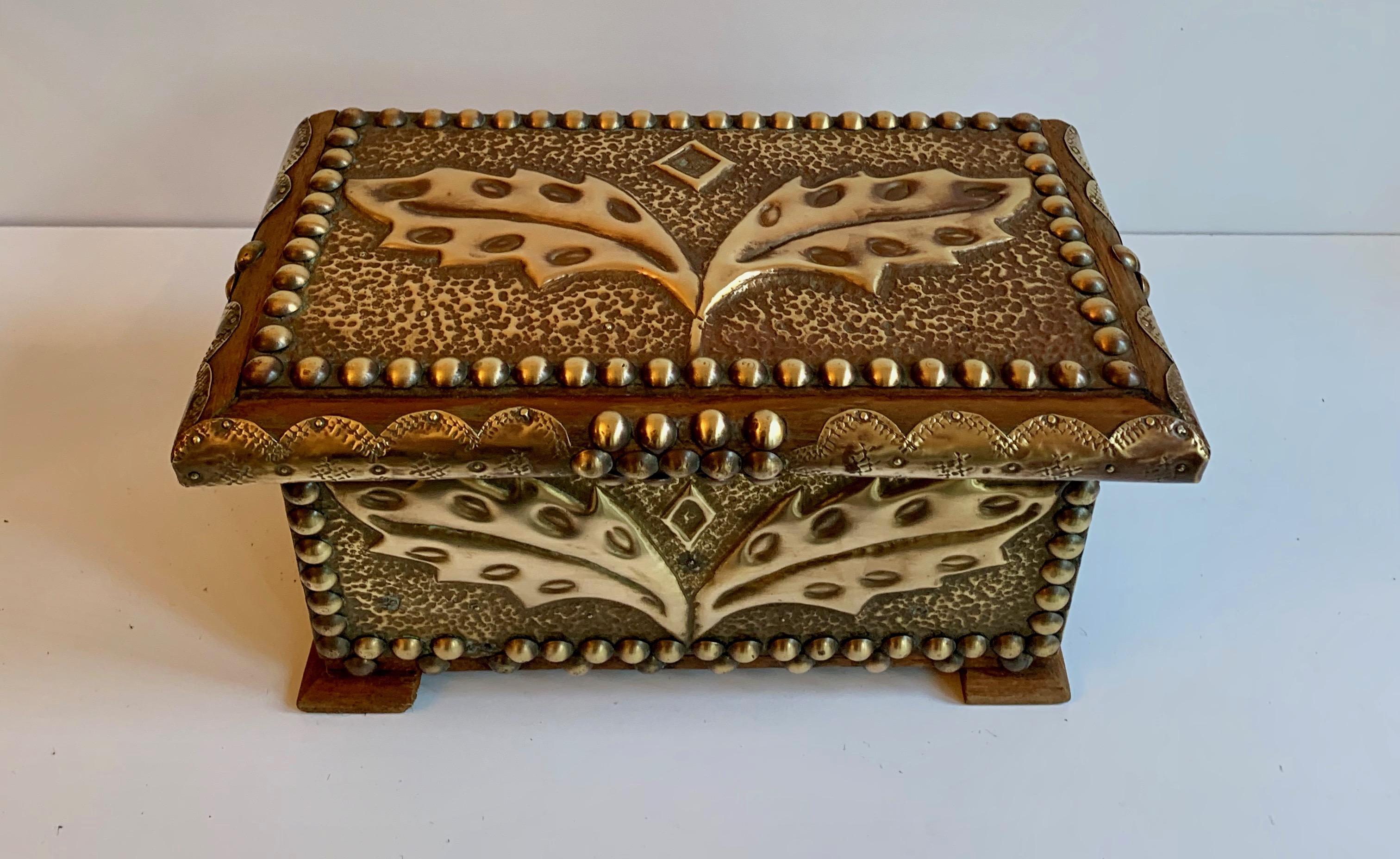 Unique and very detailed wooden box with compartments - Brass trim and nailheads give the piece a most interesting and stunning look - wonderful on a desk or vanity... a conversation piece for sure. Handmade gifts, jewelry box.