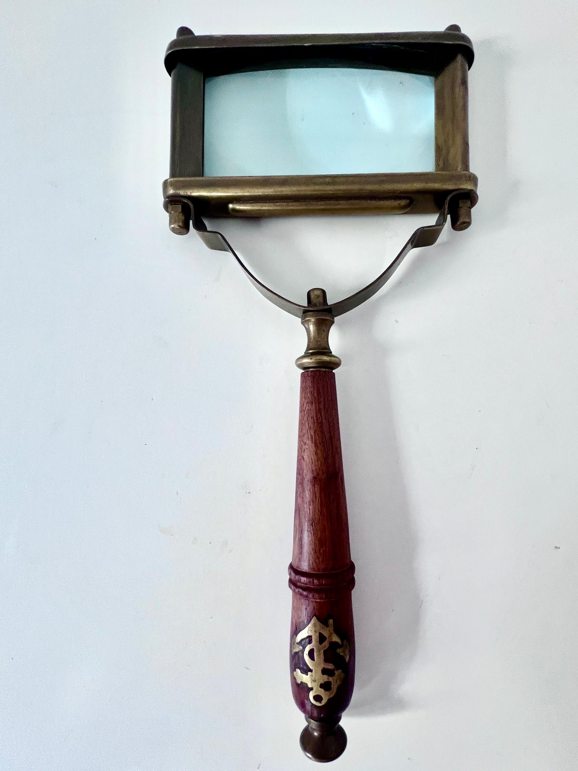 Wooden and Brass Square Faced Magnifying Glass with Nautical Symbol In Good Condition For Sale In Los Angeles, CA