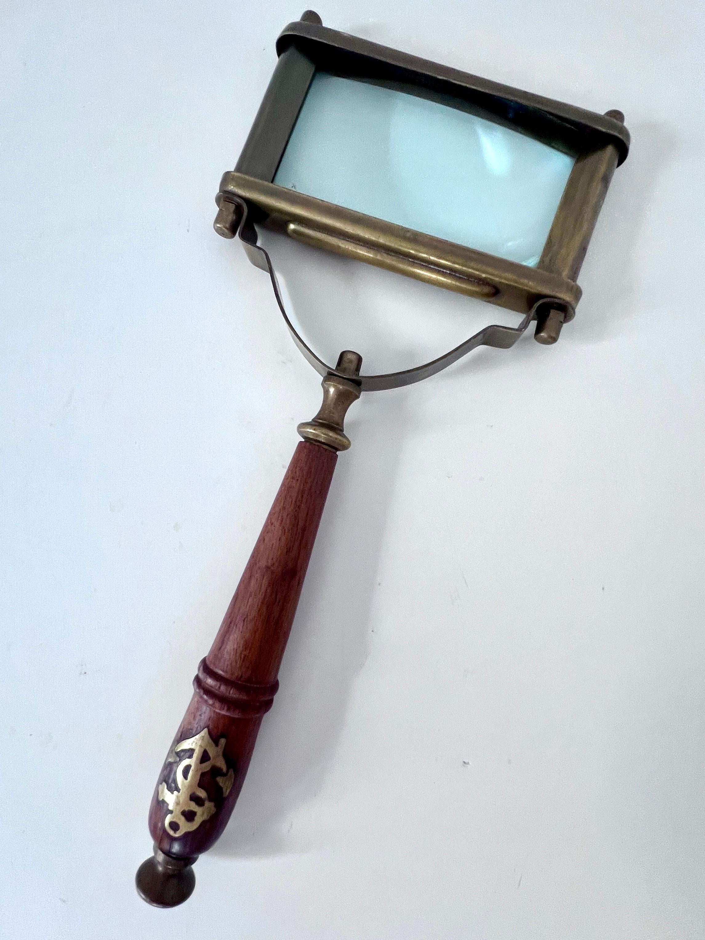 20th Century Wooden and Brass Square Faced Magnifying Glass with Nautical Symbol For Sale