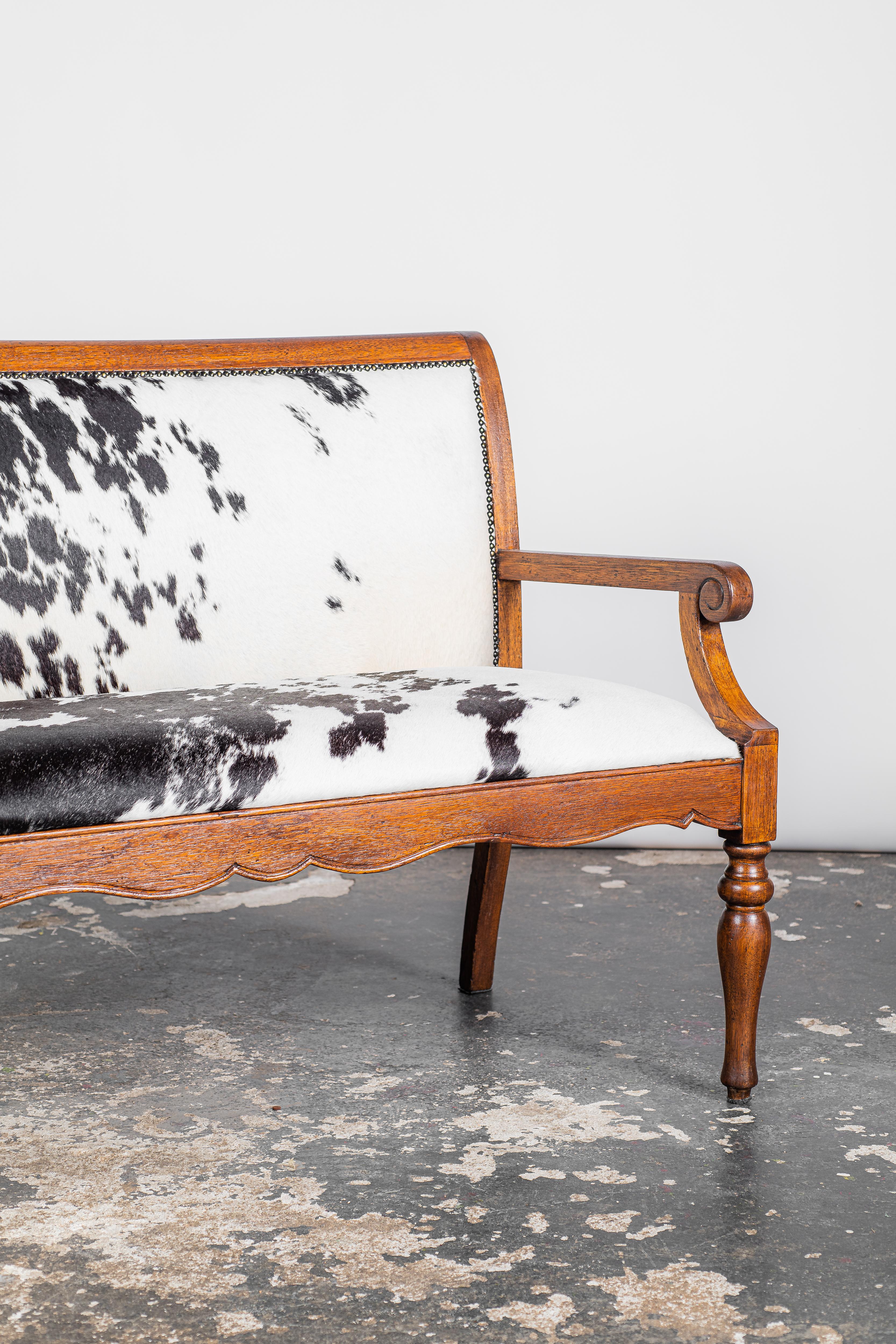 Hand-Carved Wooden and Cowhide Loveseat by Studio Kobylko, Mid-Century Modern For Sale