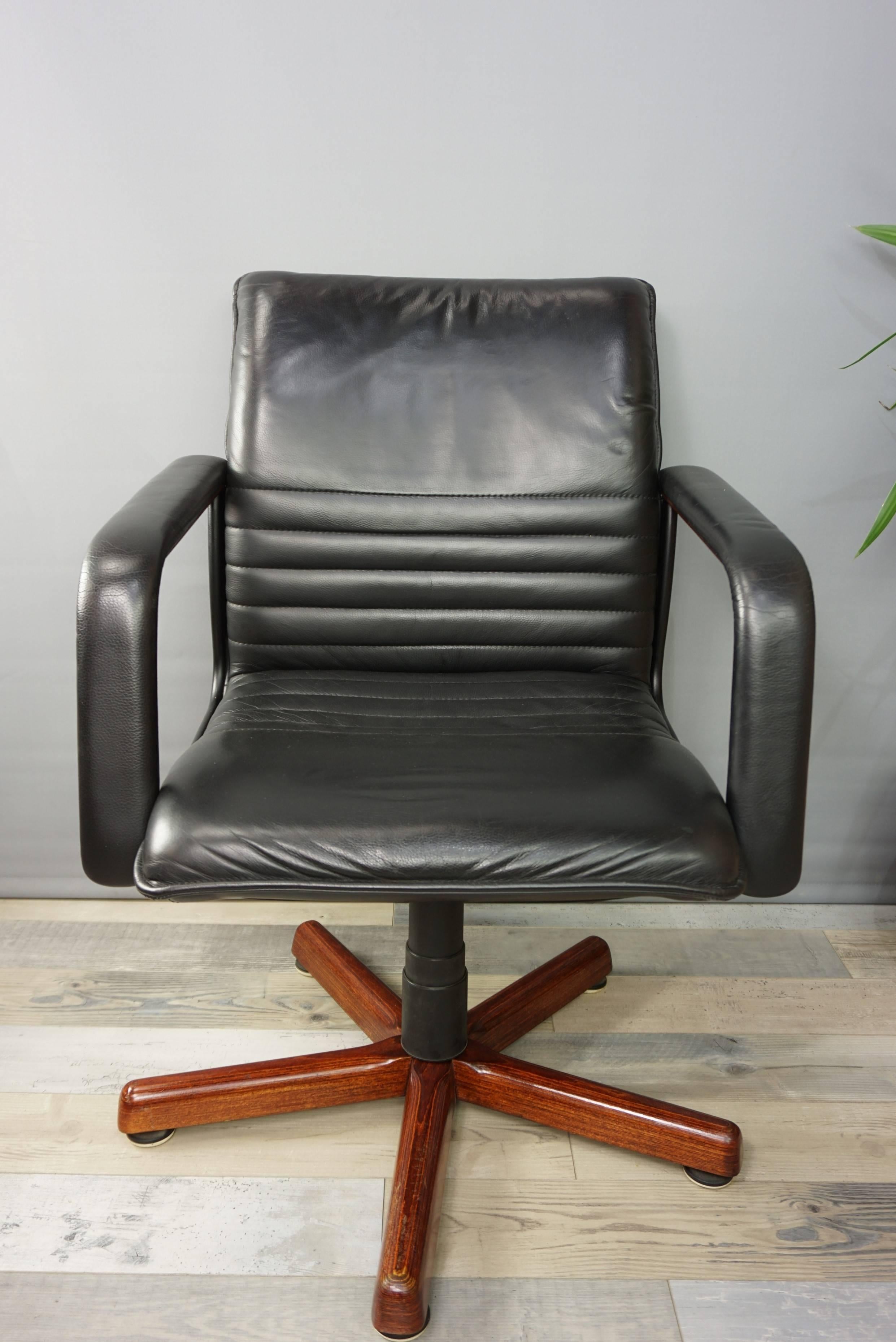 Scandinavian Modern Wooden and Leather Swivel Office Armchair