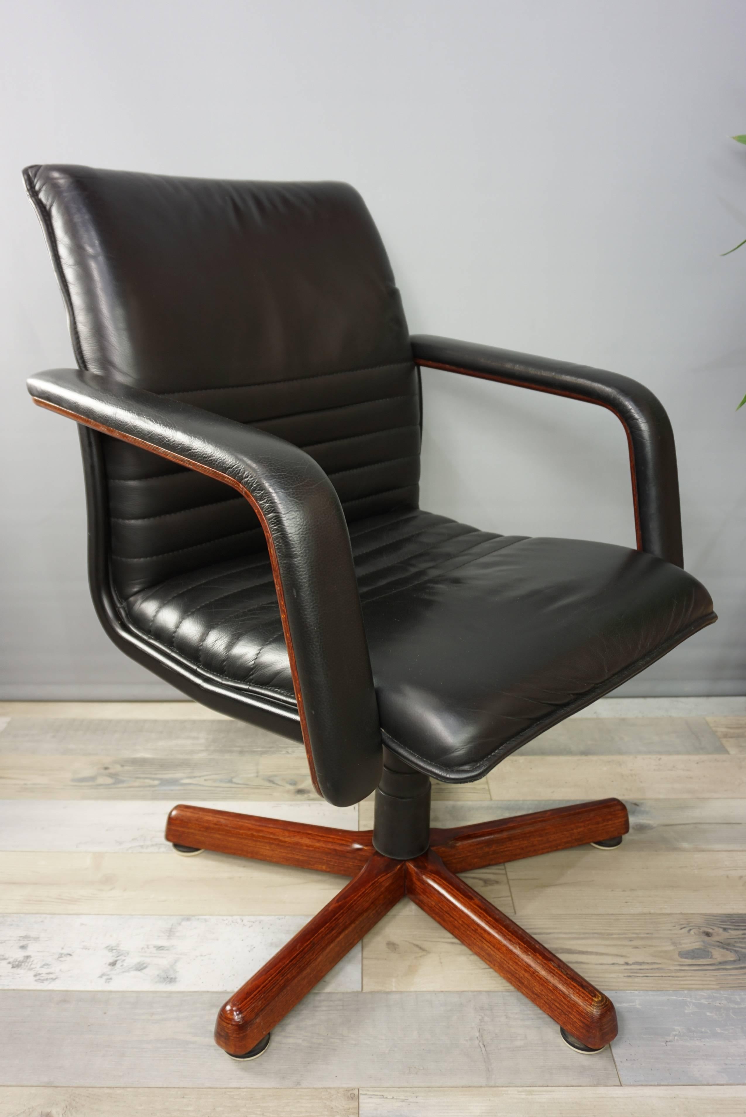 Wooden and Leather Swivel Office Armchair 1