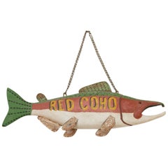 Wooden and Metal 20th Century Hand Painted Red Coho Salmon Fish Trade Sign