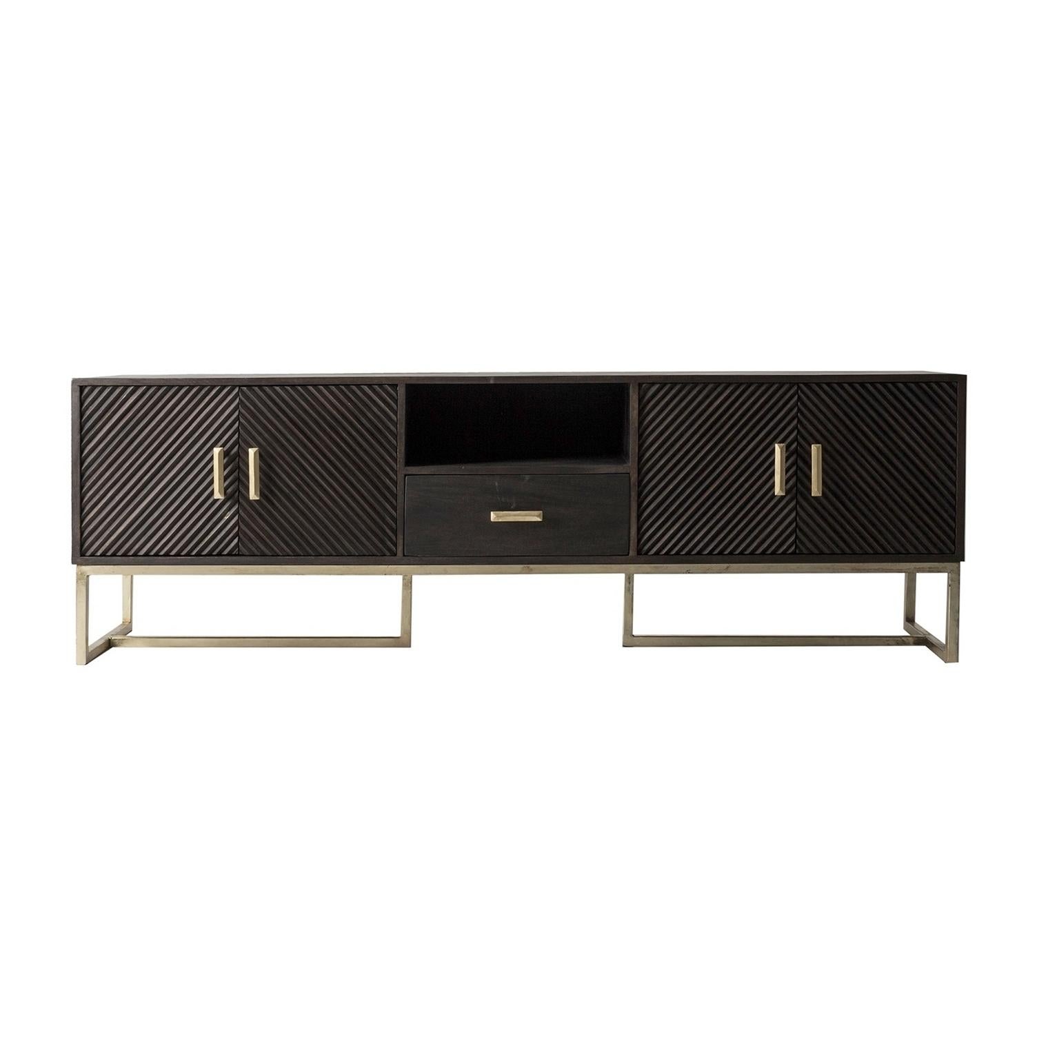 Wooden and metal sideboard with sleek design, gold patina feet and subtle work of the graphic doors with Brutalist style.