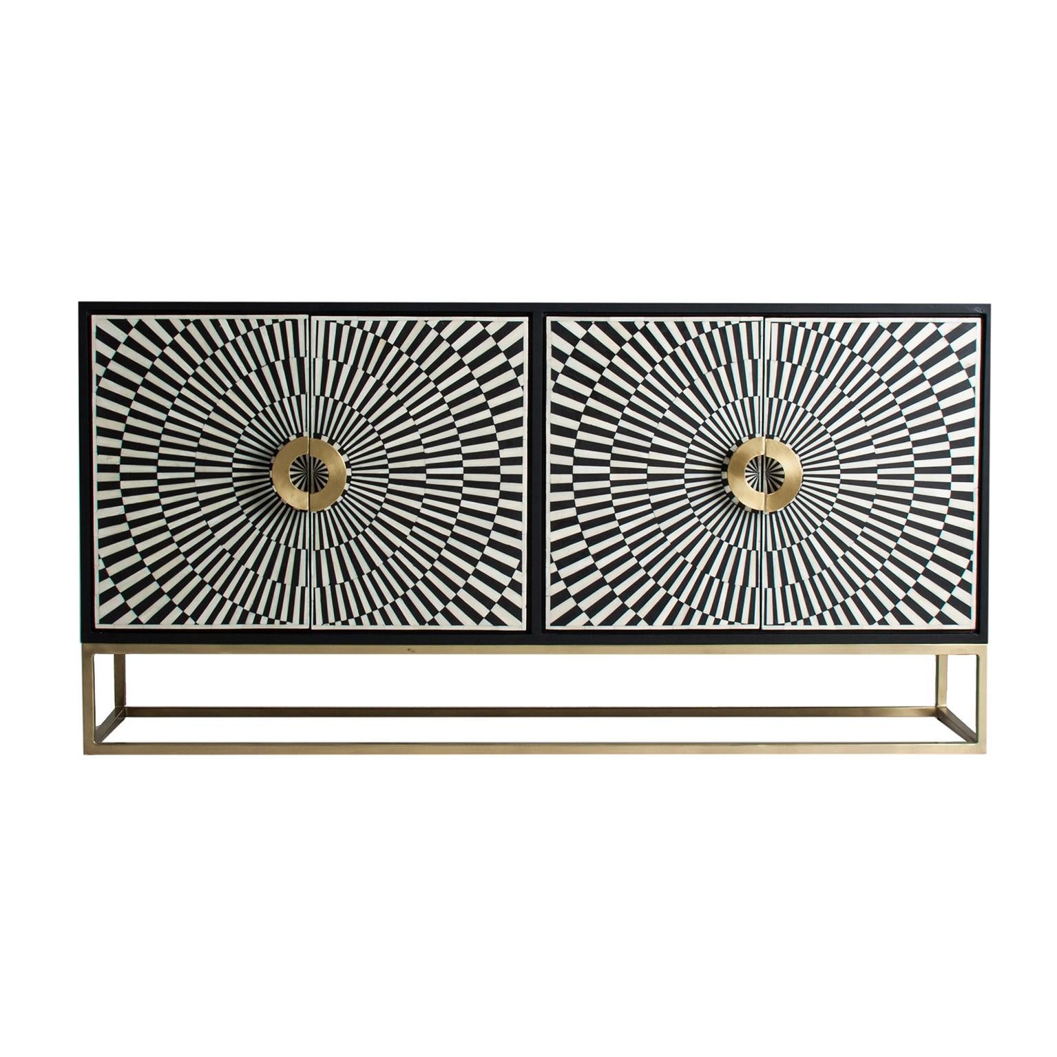 Wooden and metal Italian Design and Postmodern Style sideboard with sleek design, gold patina feet and subtle work of the graphic doors.