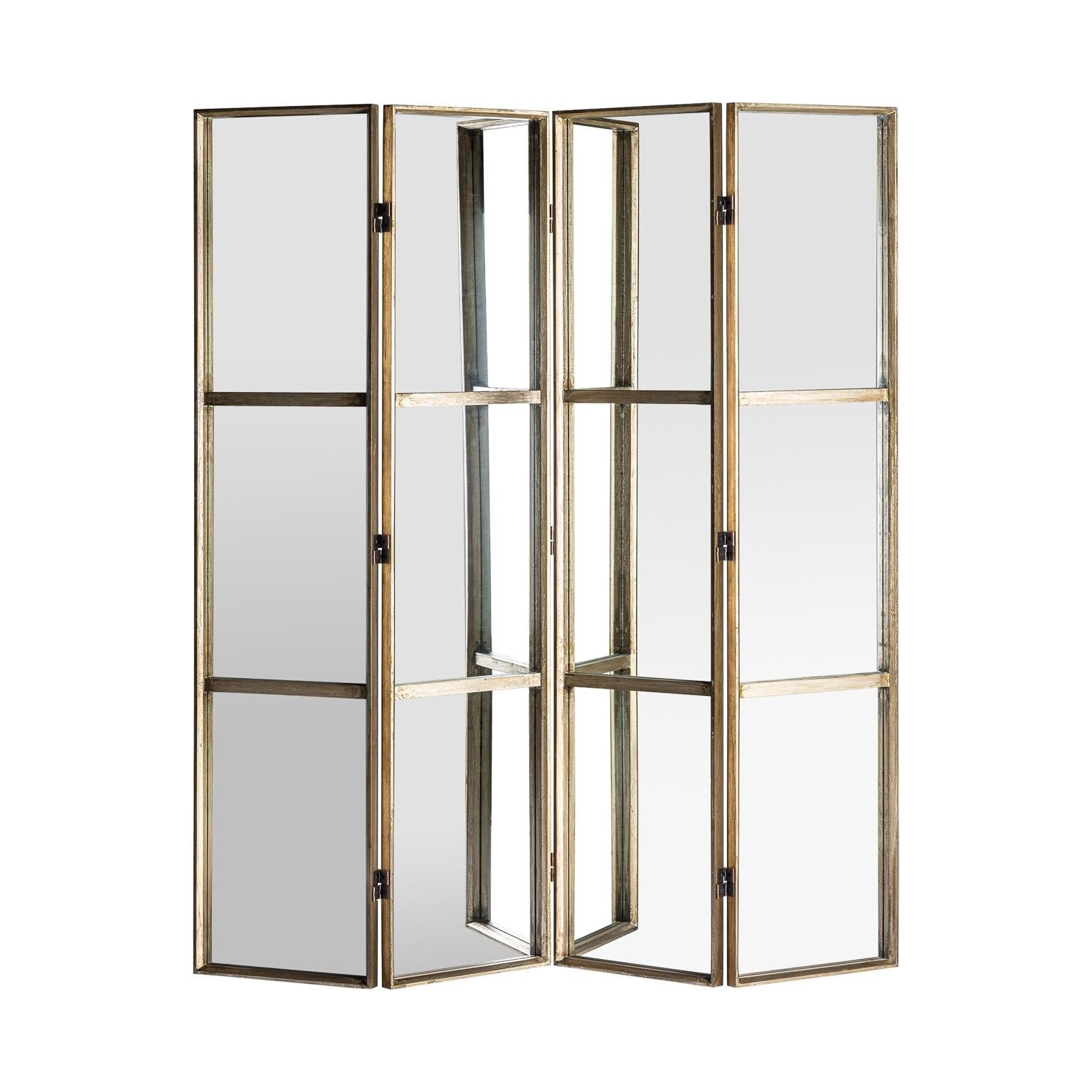 Magnificent screen divider composed of 4 panels in a wooden structure and mirrored glass adorned with birds in one side and mirrors in back.