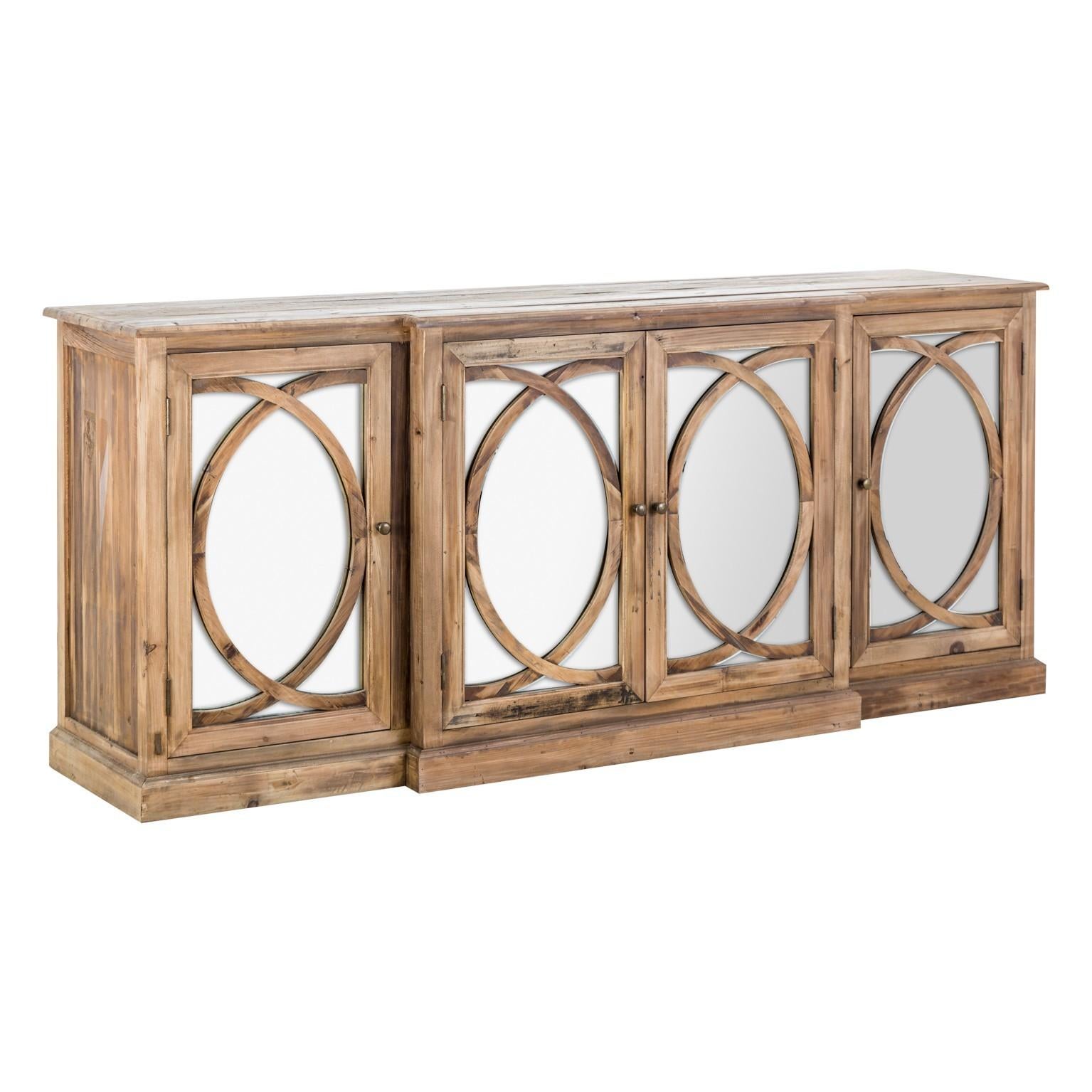 Sophisticated sideboard with pure lines, four graphic doors in pinewood adorned with mirror. Regency style and sober design, new item, never used.