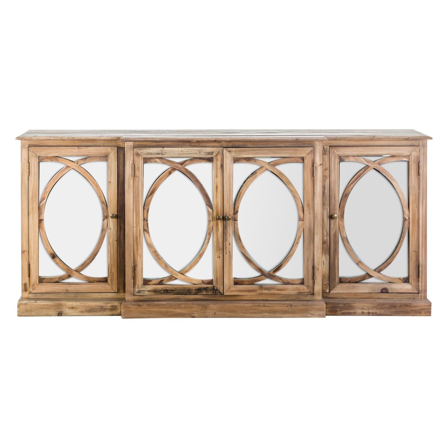 Contemporary French Campaign Wooden and Mirrored Sideboard For Sale