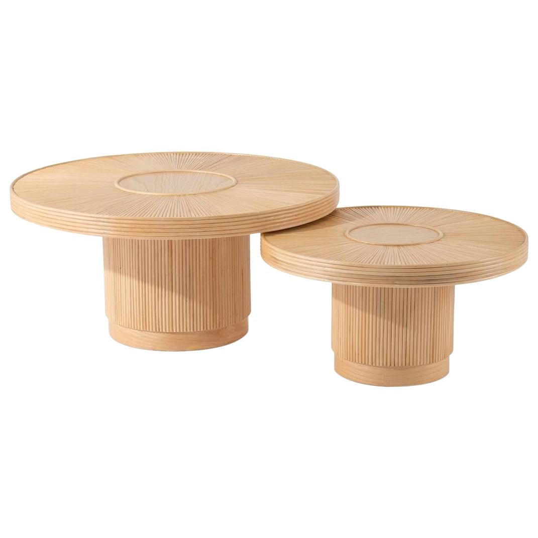 Wooden and Pencil Reed Rattan Round Coffee Tables Set