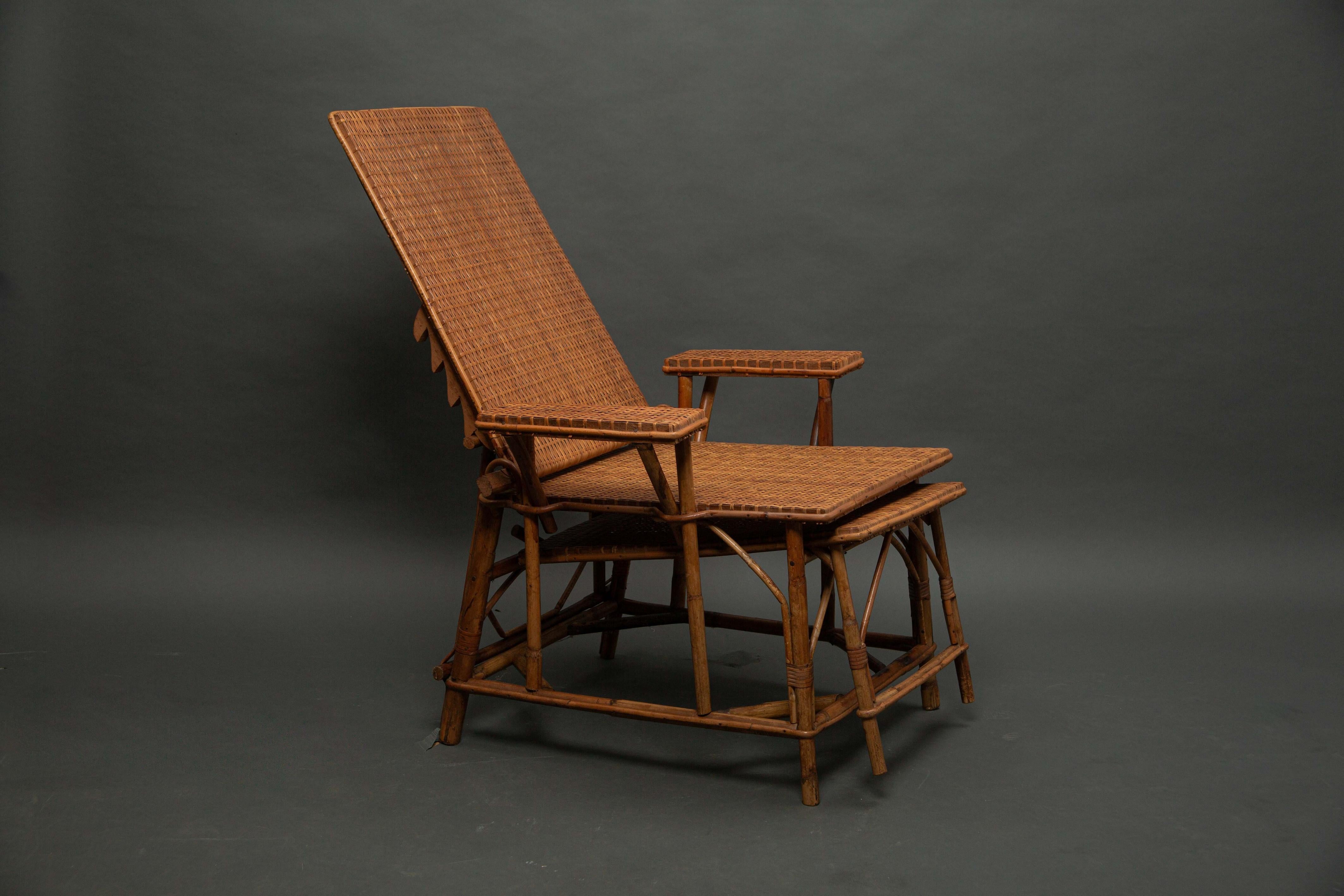 Mid-20th Century Wooden and rattan armchair, modular lounge chair from the 1940s For Sale