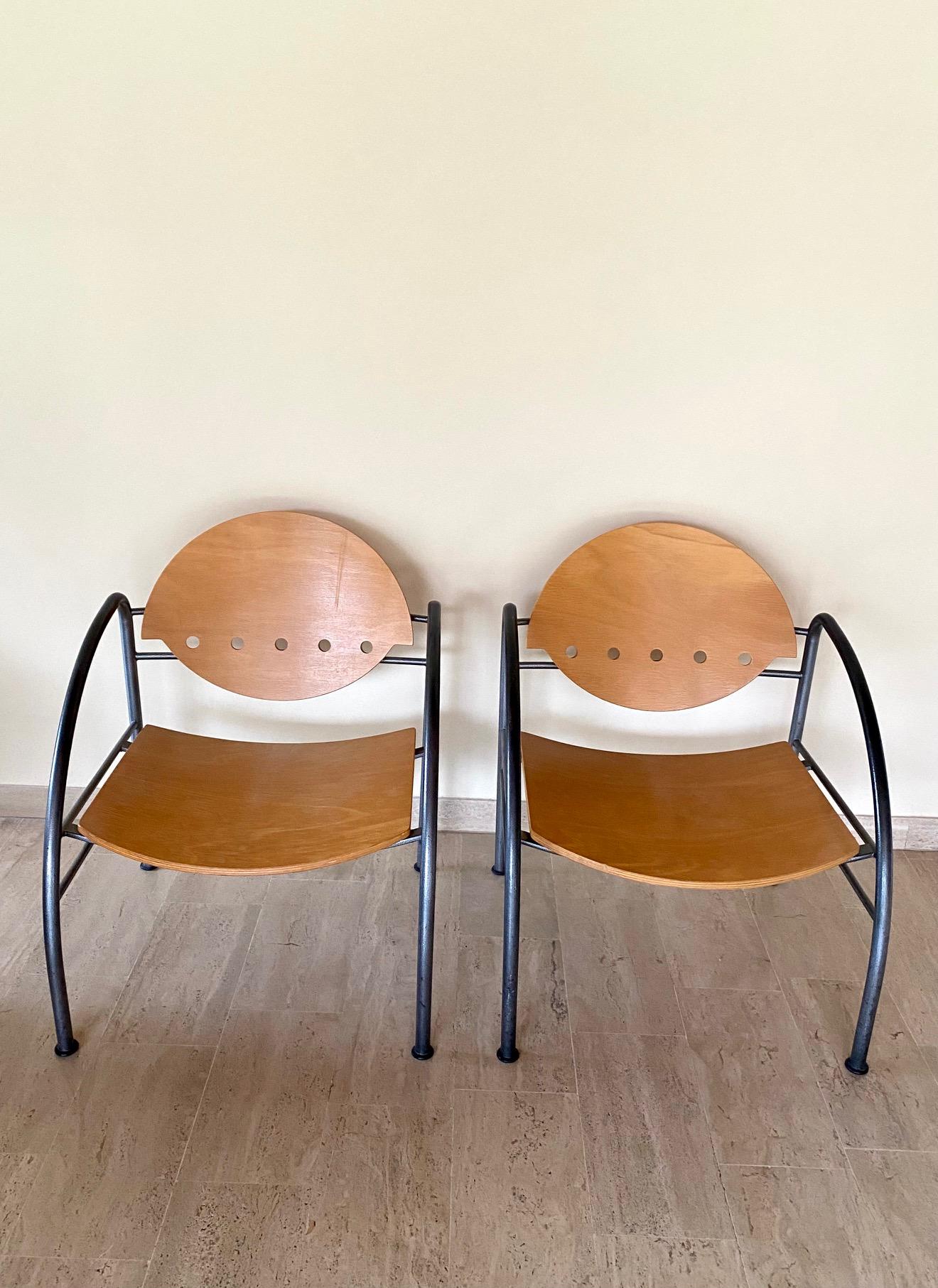 Wooden and Steel Armchairs, 1980s, Set of 2 In Good Condition For Sale In PARIS, FR