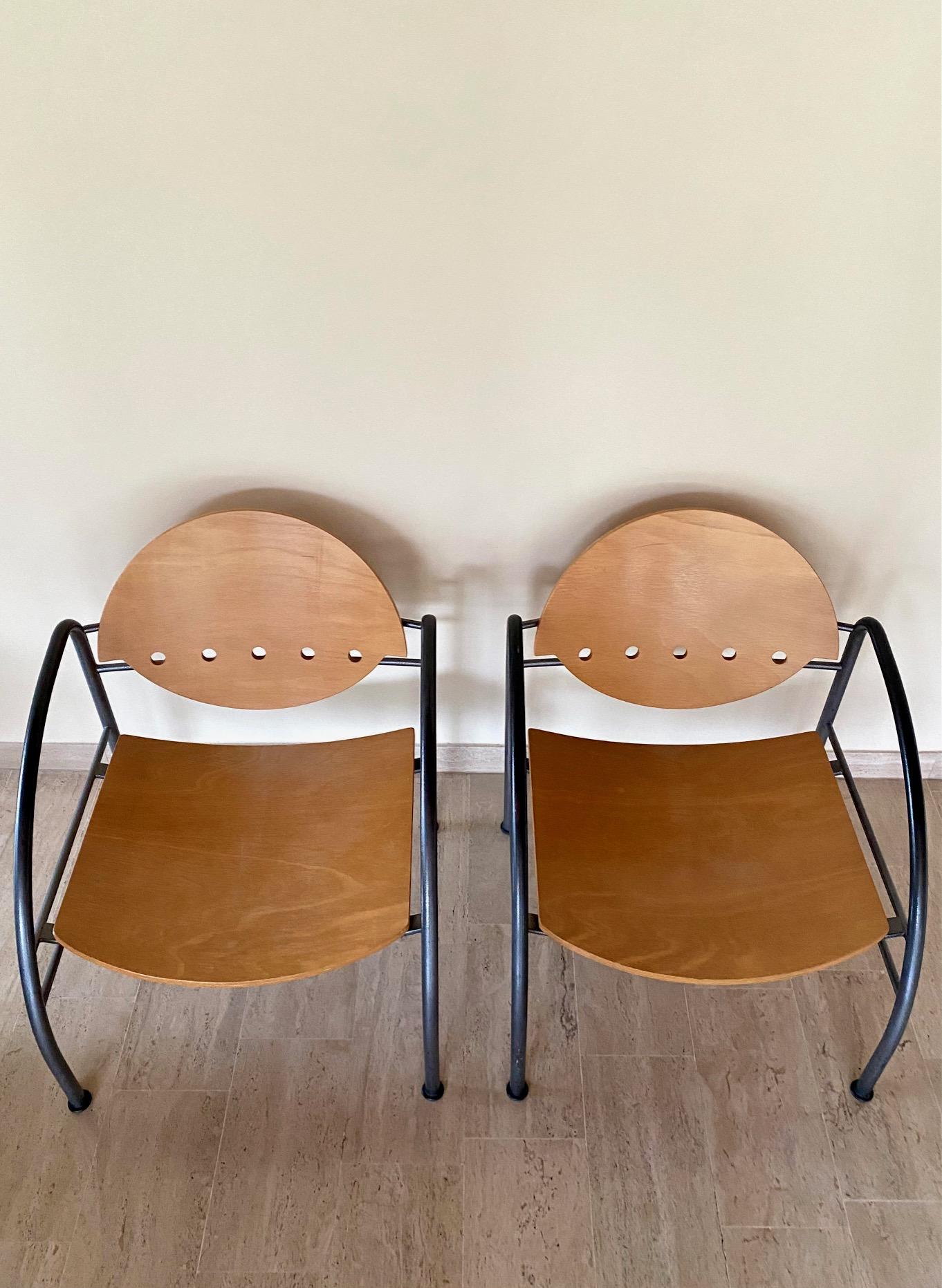 Late 20th Century Wooden and Steel Armchairs, 1980s, Set of 2 For Sale