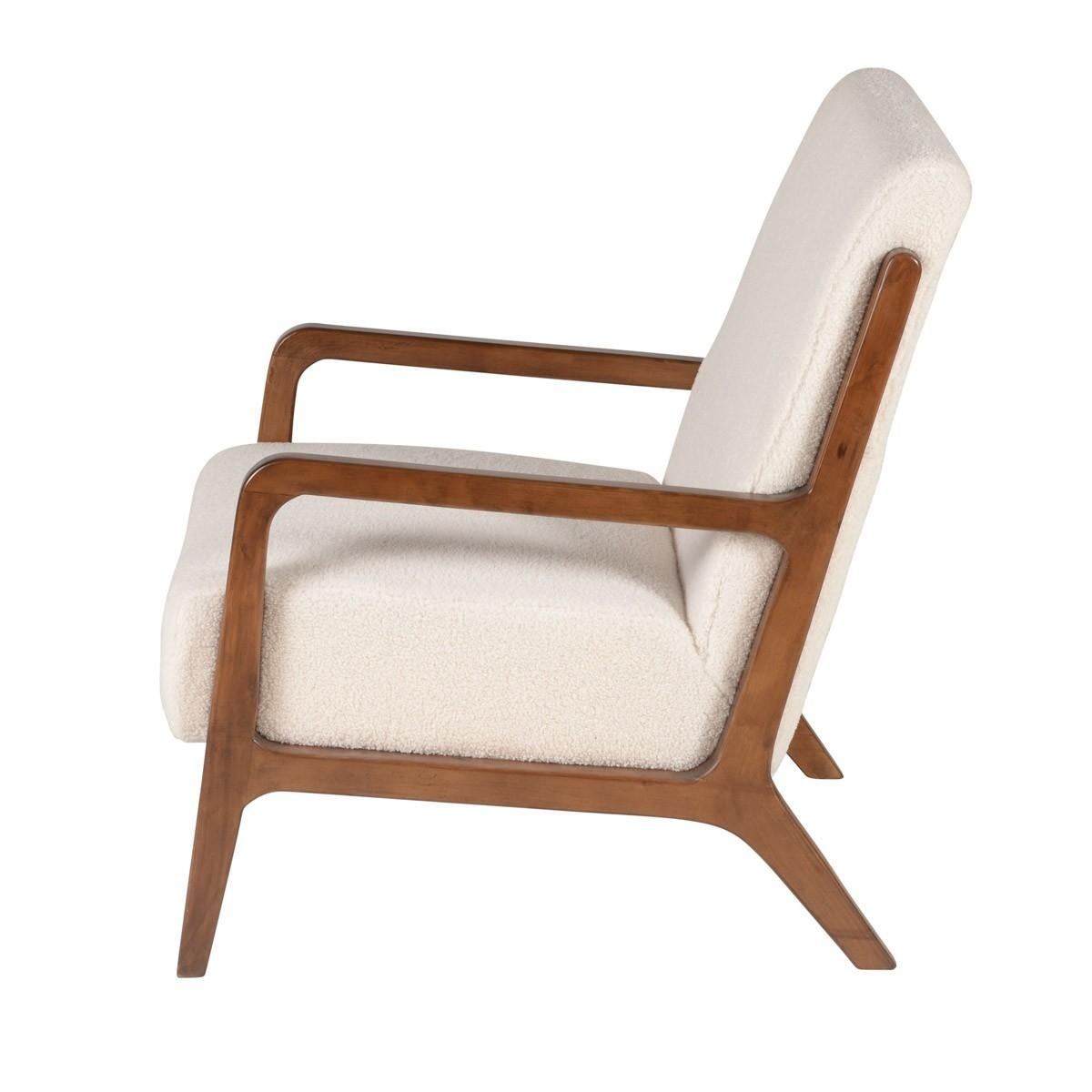 Wooden feet and white faux fur effect fabric armchair Mid-Century Modern style and Danish design (new items, never used!).