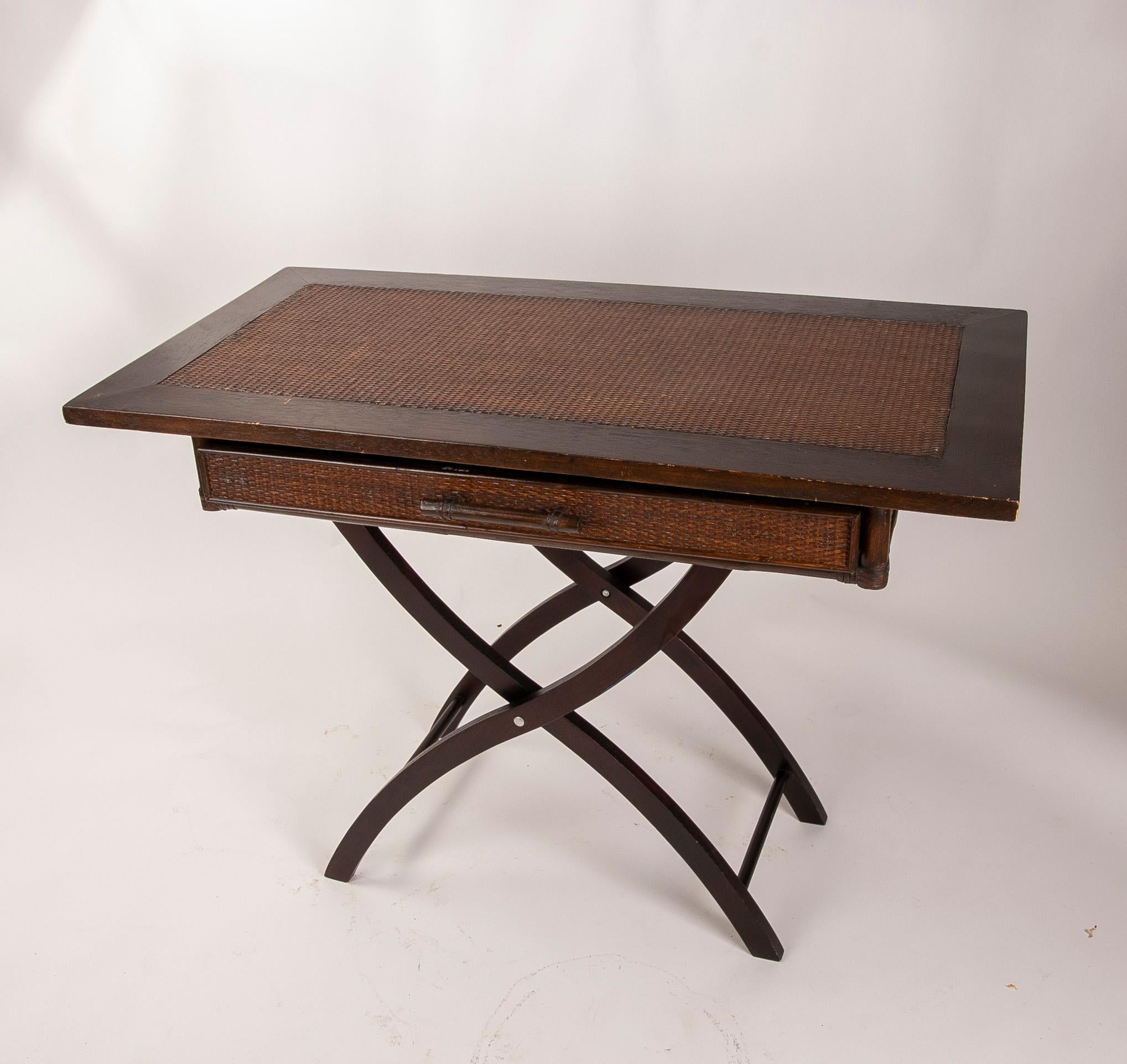Wooden and Wicker Folding Table with Frontal Drawer For Sale 4