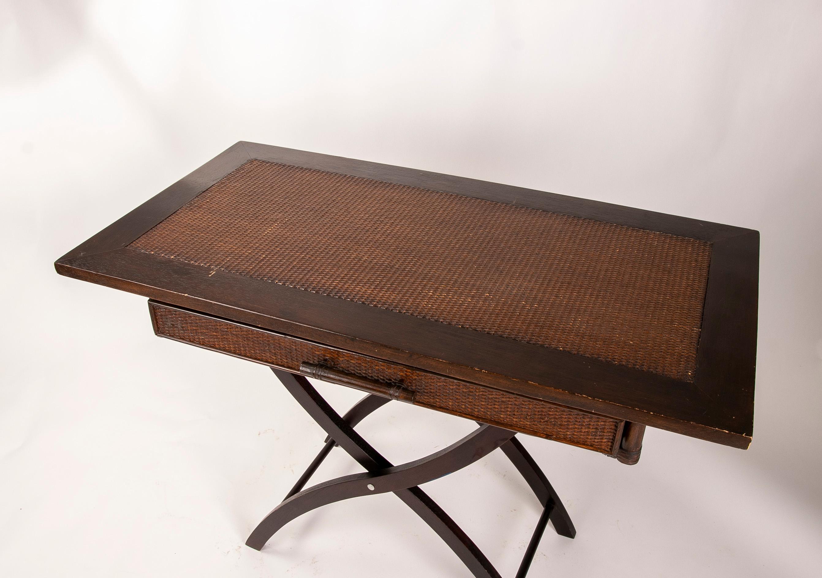Wooden and Wicker Folding Table with Frontal Drawer For Sale 5