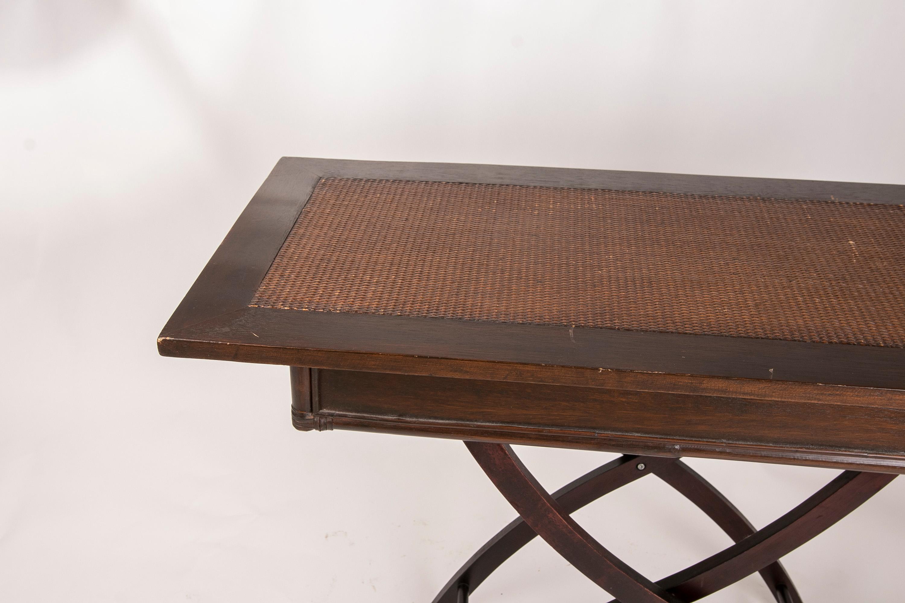 Wooden and Wicker Folding Table with Frontal Drawer For Sale 9