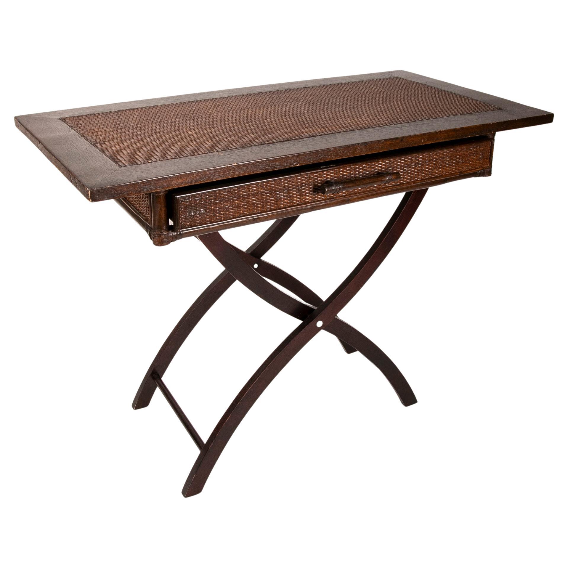 Wooden and Wicker Folding Table with Frontal Drawer For Sale