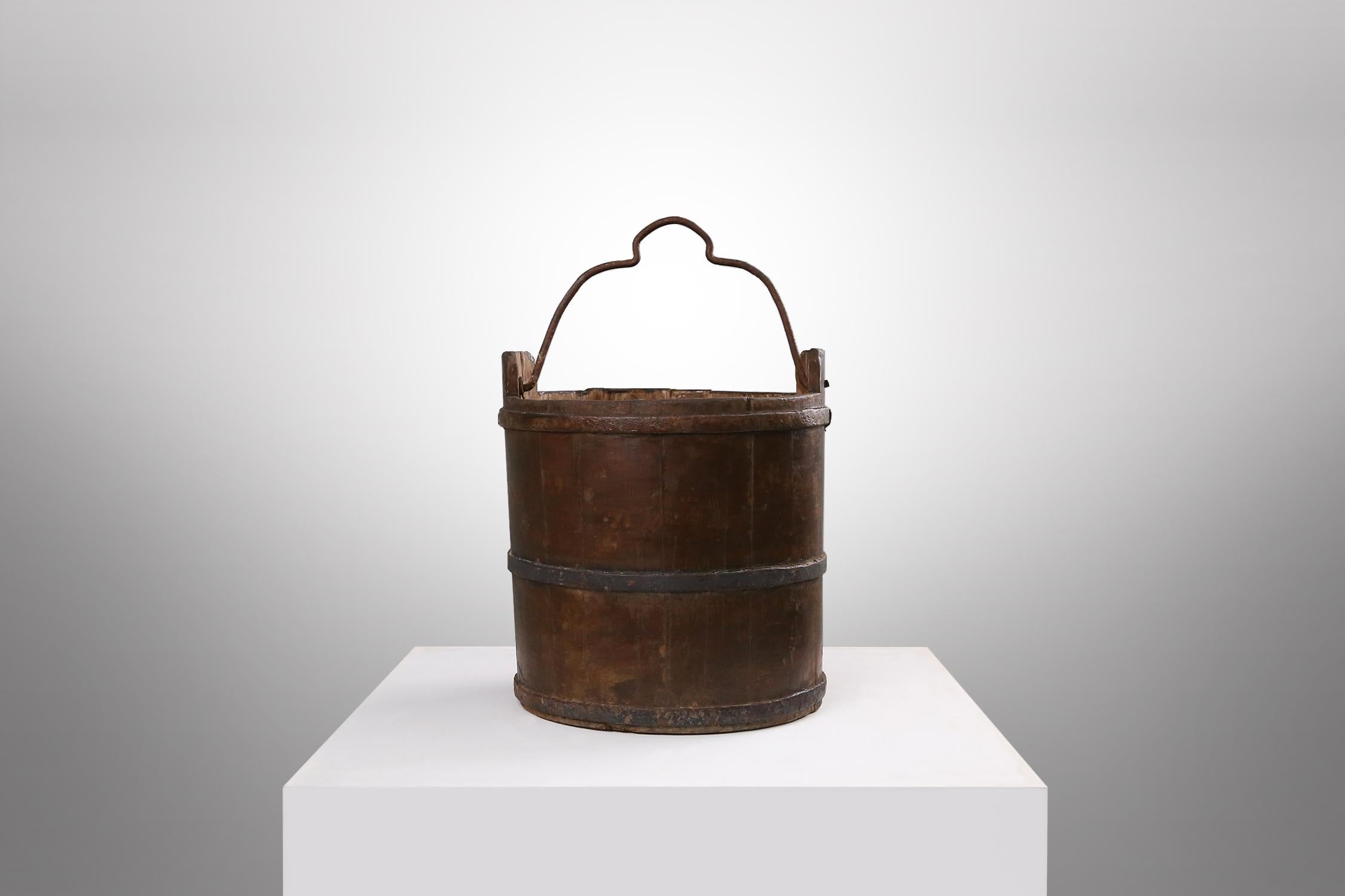 Wooden and wrought iron water, grain bucket 1860 For Sale 2