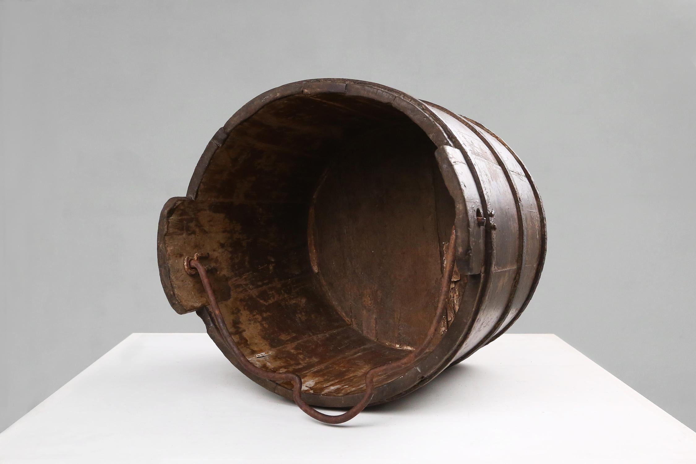 Mid-19th Century Wooden and wrought iron water, grain bucket 1860 For Sale