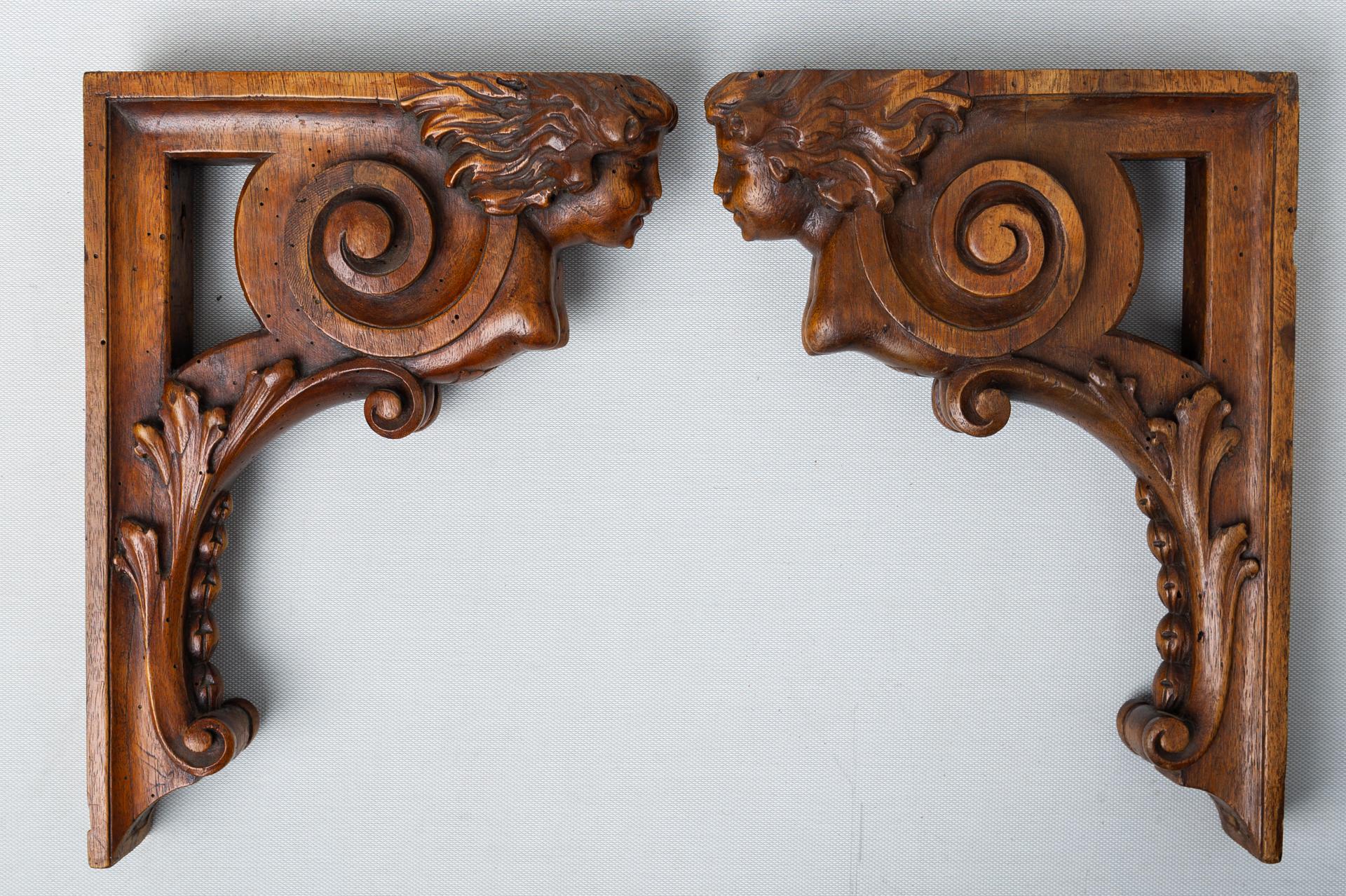 Italian Wooden Antique Venetian Shelves with Caryatids, Wall Consoles For Sale