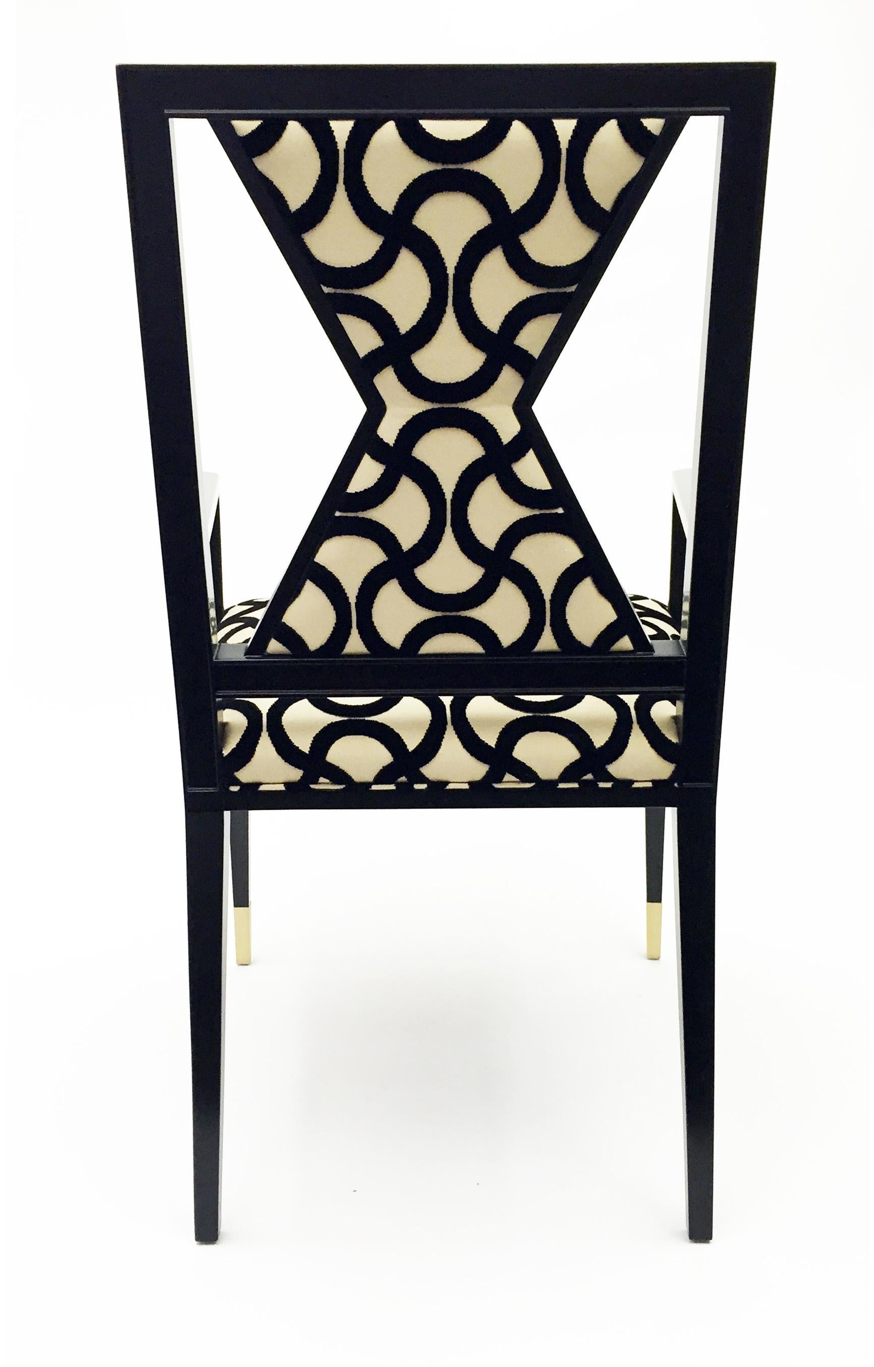 American Wooden Armchair with Geometrical Backrest and Pattern Upholstery by Juan Montoya For Sale