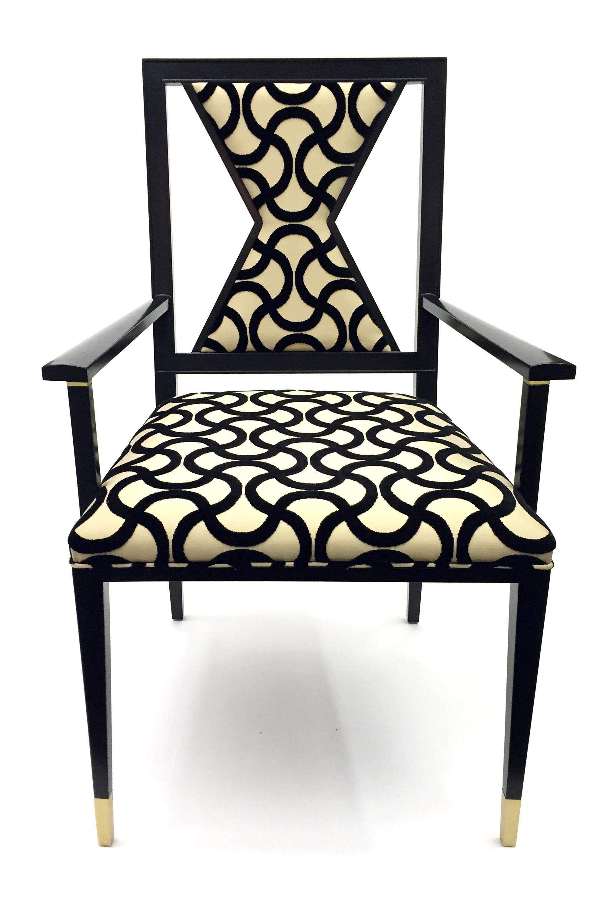Ebonized Wooden Armchair with Geometrical Backrest and Pattern Upholstery by Juan Montoya For Sale