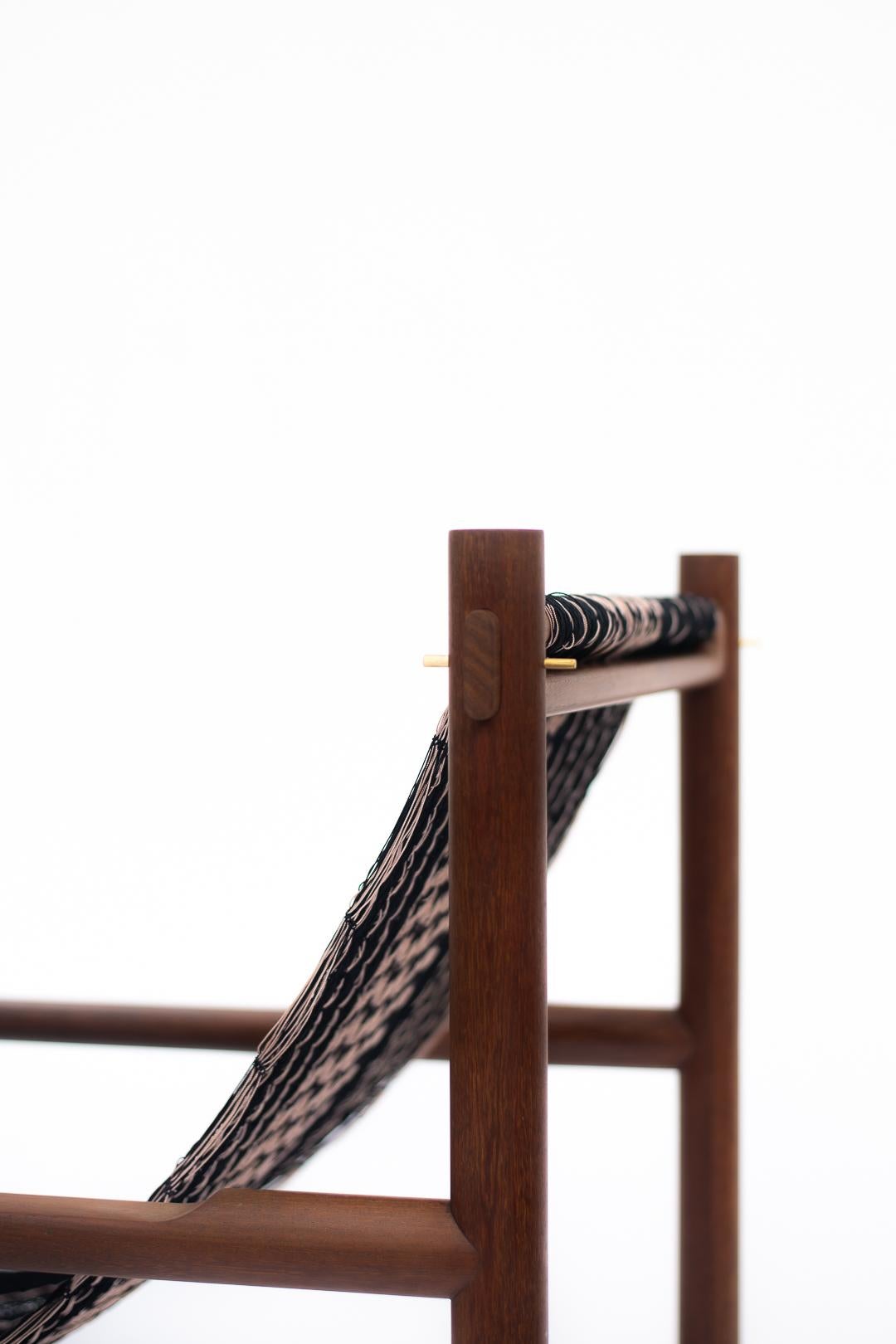 Modern Handcrafted Lounge Chair in Tropical Wood with Black & Pale Pink Woven Detailing For Sale