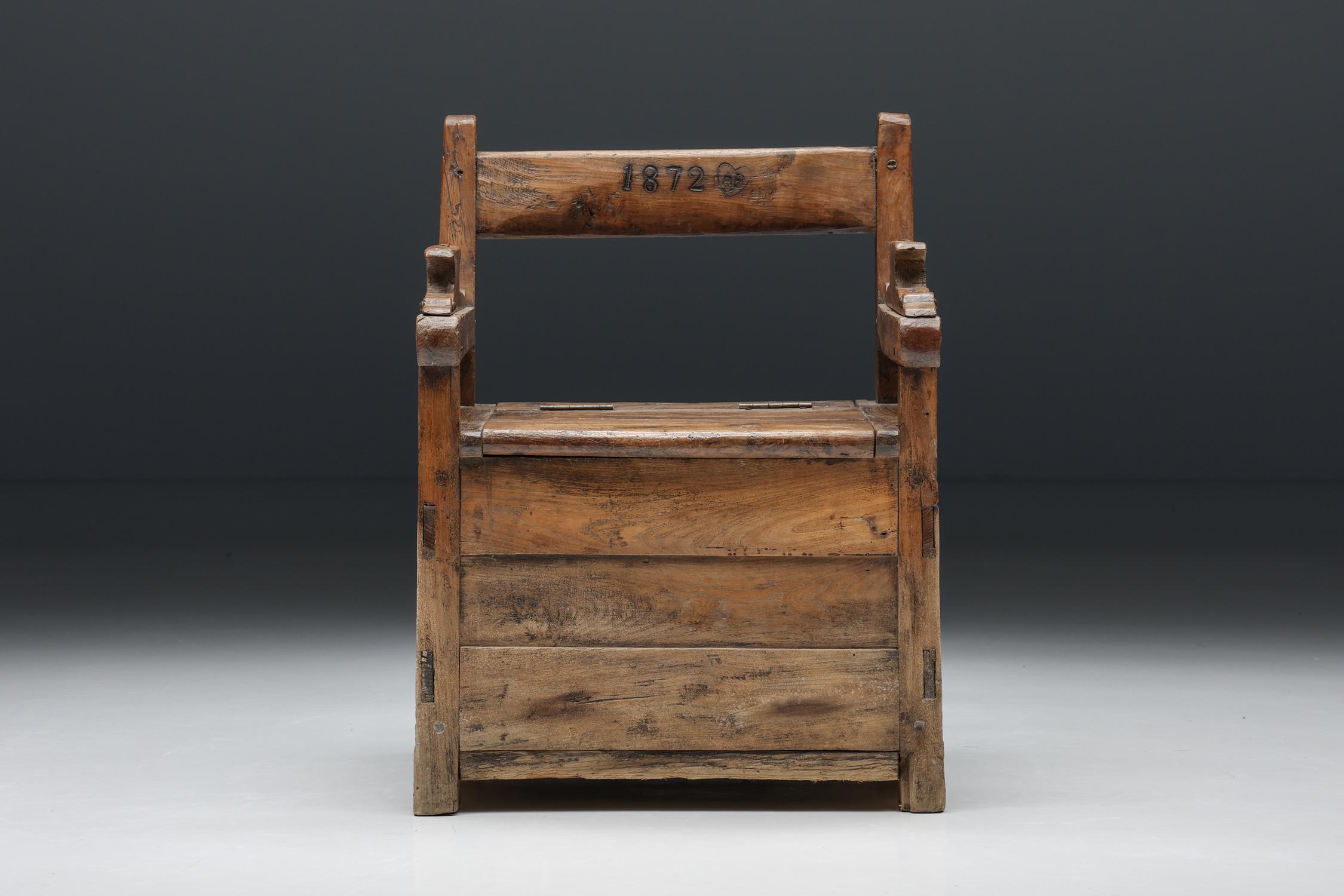 Rustic Wooden Armchair With Storing Space, France, 1872 For Sale