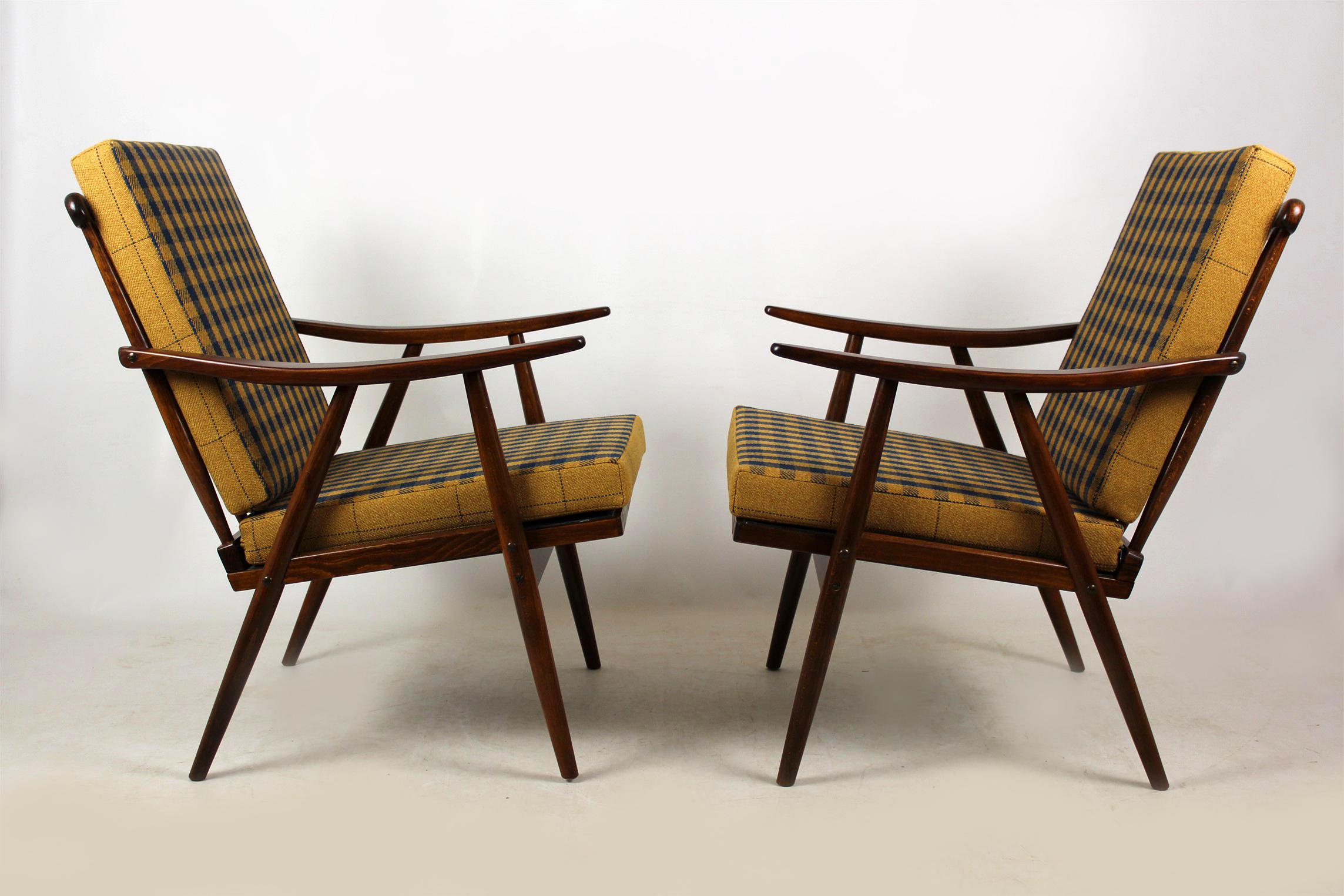 Wooden Armchairs from TON with Double-Sided Checkered Pillows, 1970s, Set of Two 3