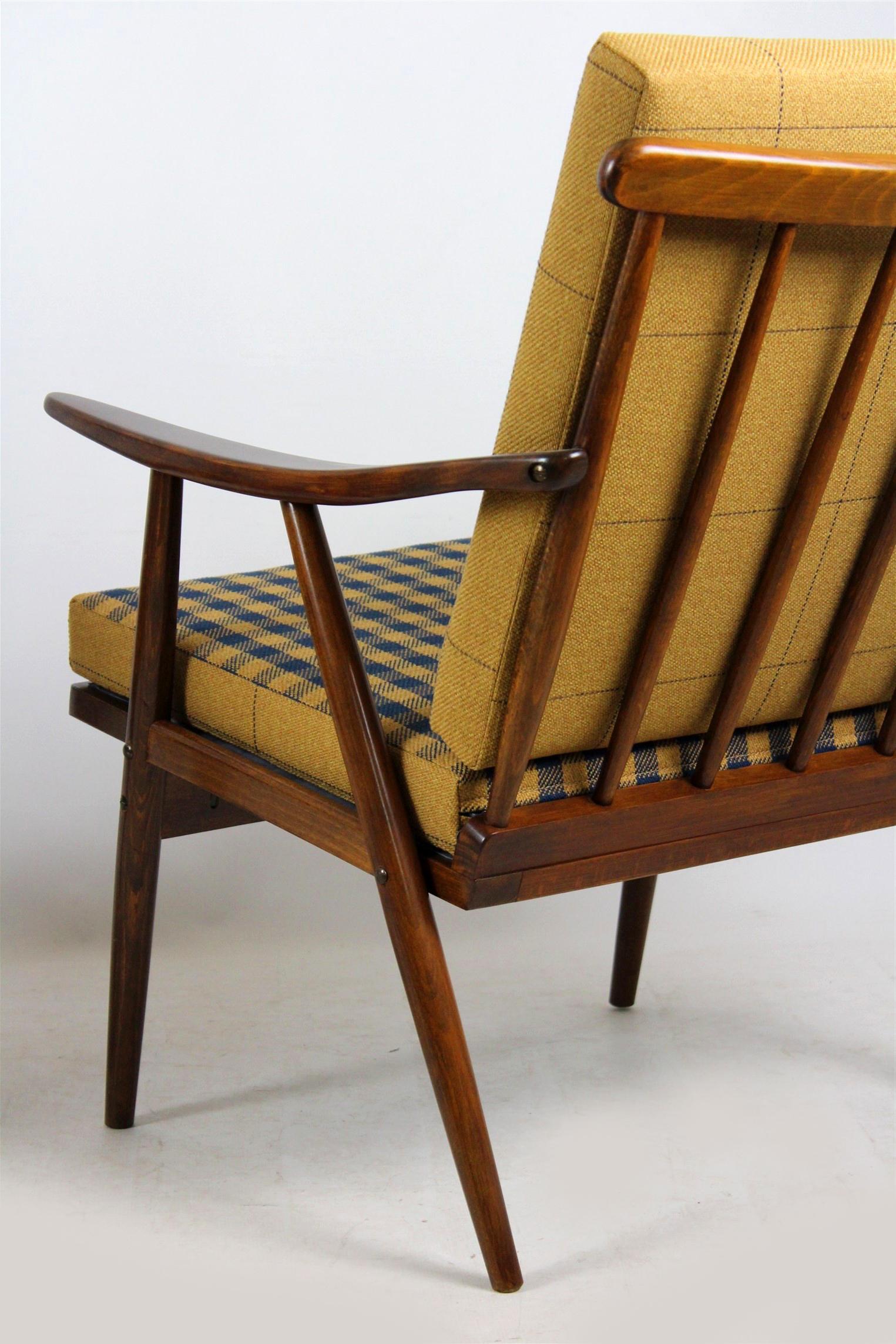 Wooden Armchairs from TON with Double-Sided Checkered Pillows, 1970s, Set of Two 4