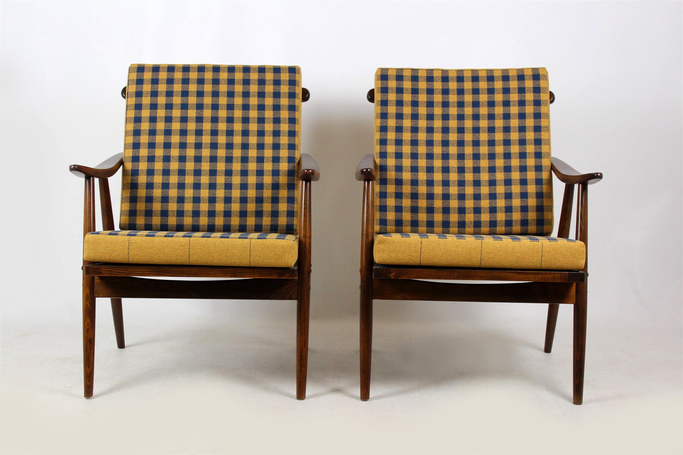 Wooden Armchairs from TON with Double-Sided Checkered Pillows, 1970s, Set of Two 7