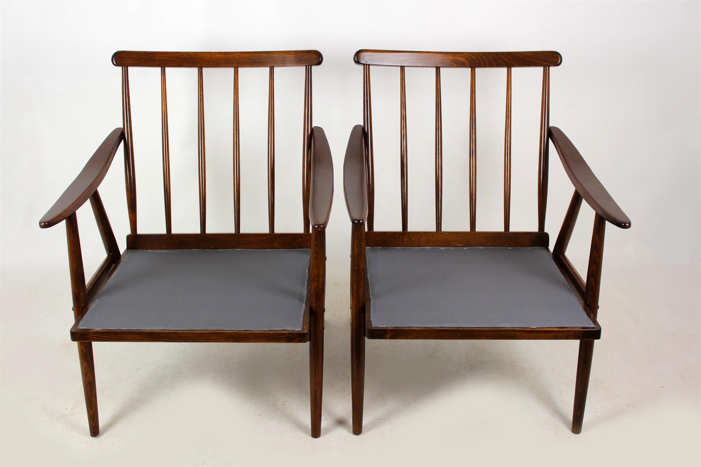 Wooden Armchairs from TON with Double-Sided Checkered Pillows, 1970s, Set of Two 8