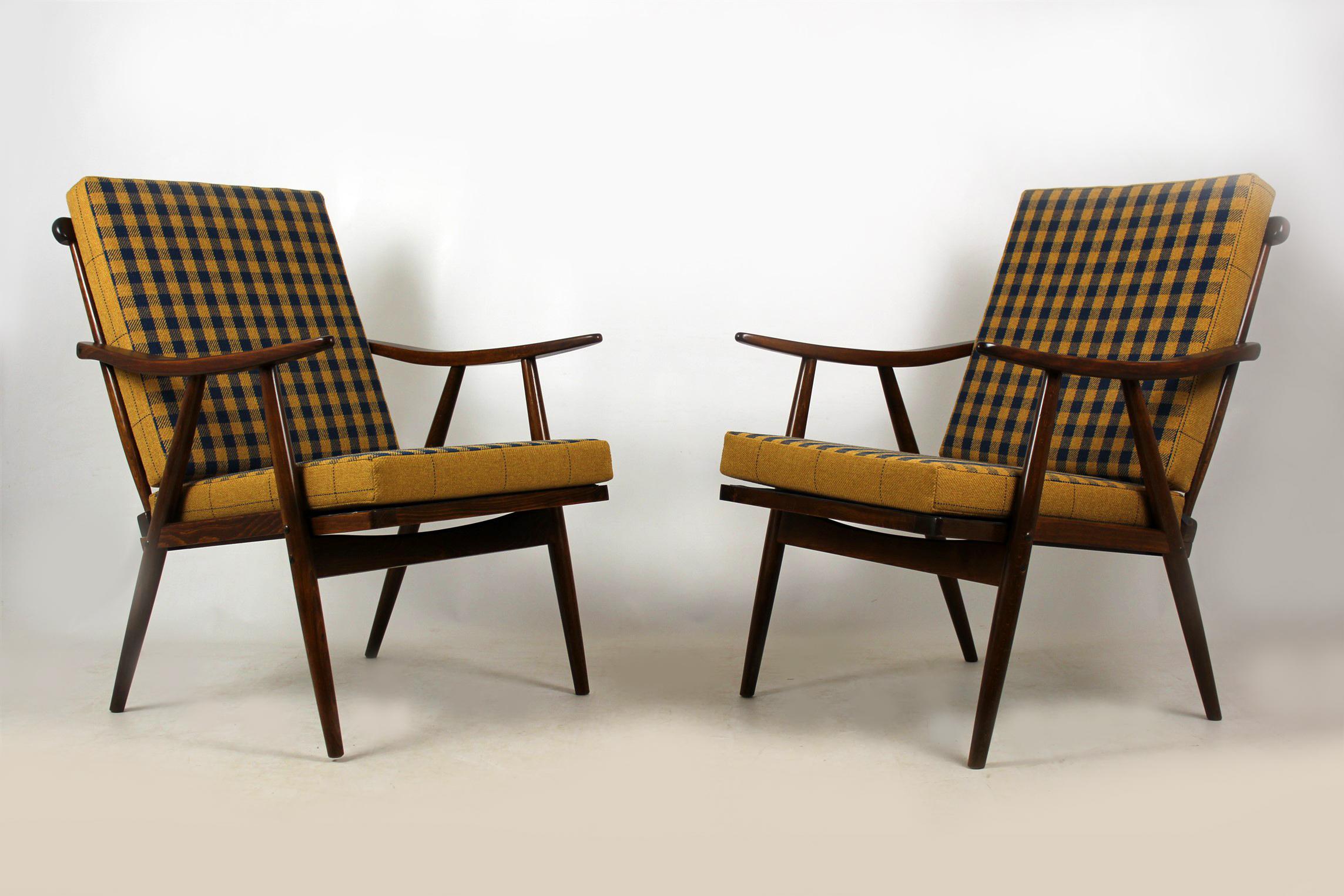 Mid-Century Modern Wooden Armchairs from TON with Double-Sided Checkered Pillows, 1970s, Set of Two