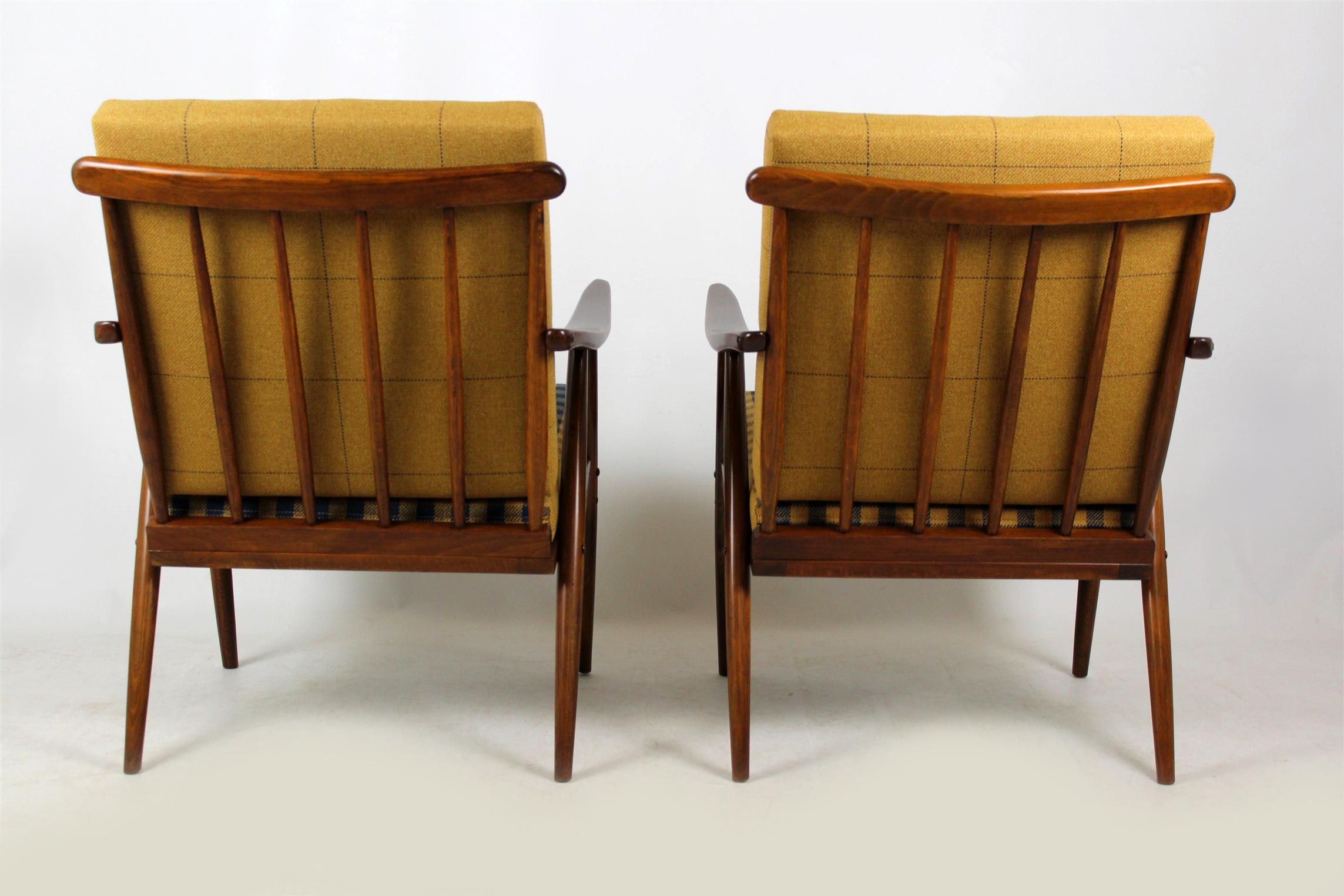 Czech Wooden Armchairs from TON with Double-Sided Checkered Pillows, 1970s, Set of Two