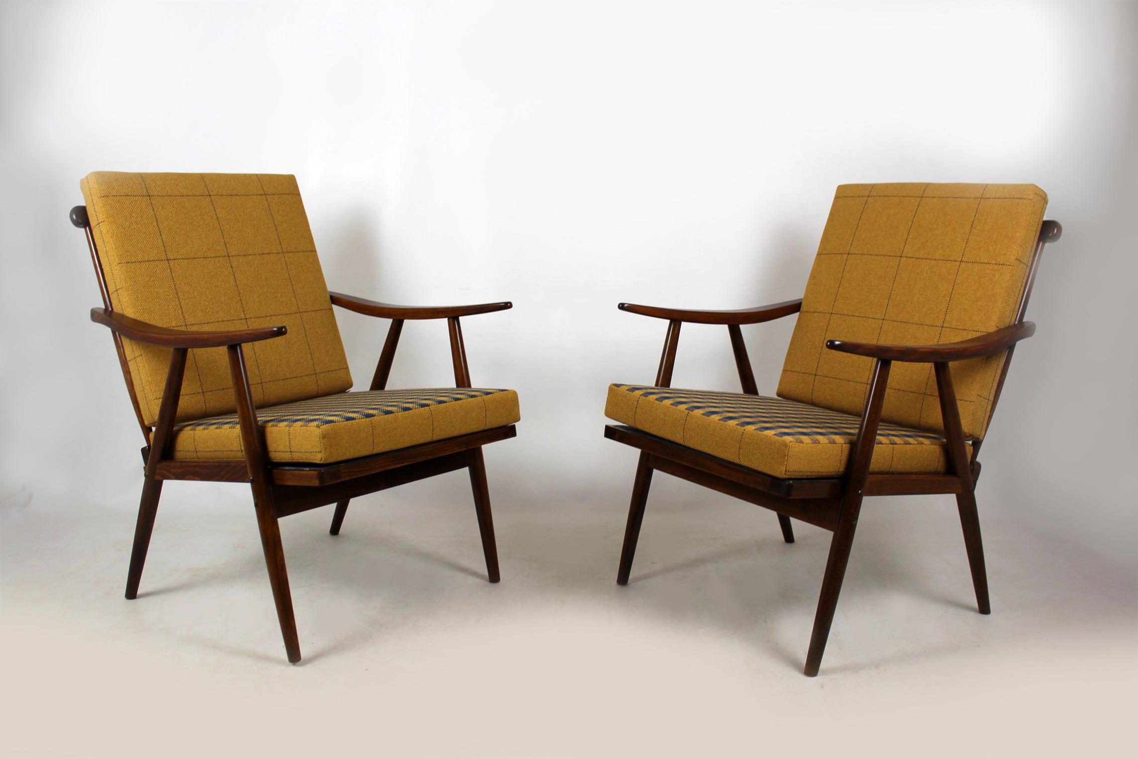 20th Century Wooden Armchairs from TON with Double-Sided Checkered Pillows, 1970s, Set of Two