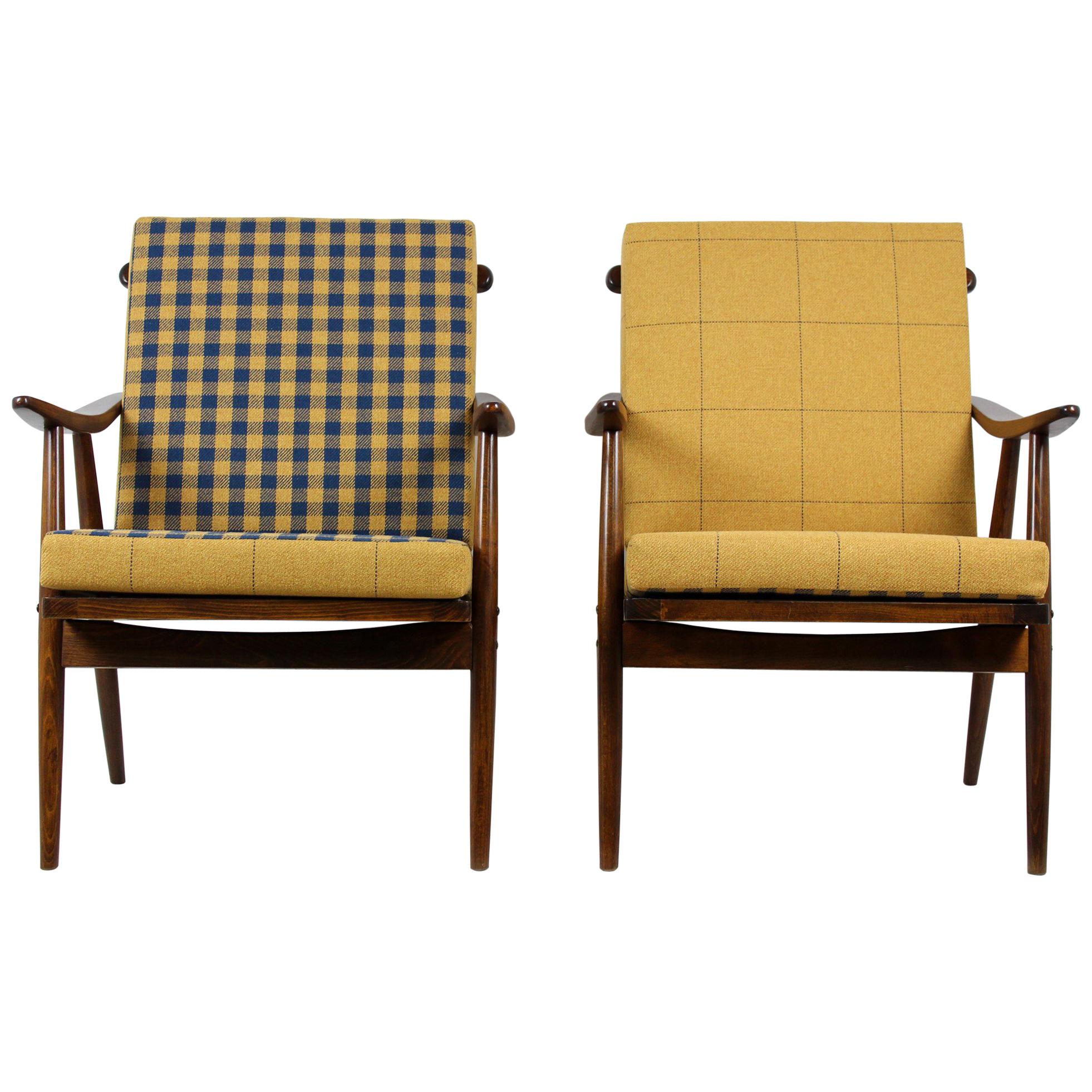 Wooden Armchairs from TON with Double-Sided Checkered Pillows, 1970s, Set of Two